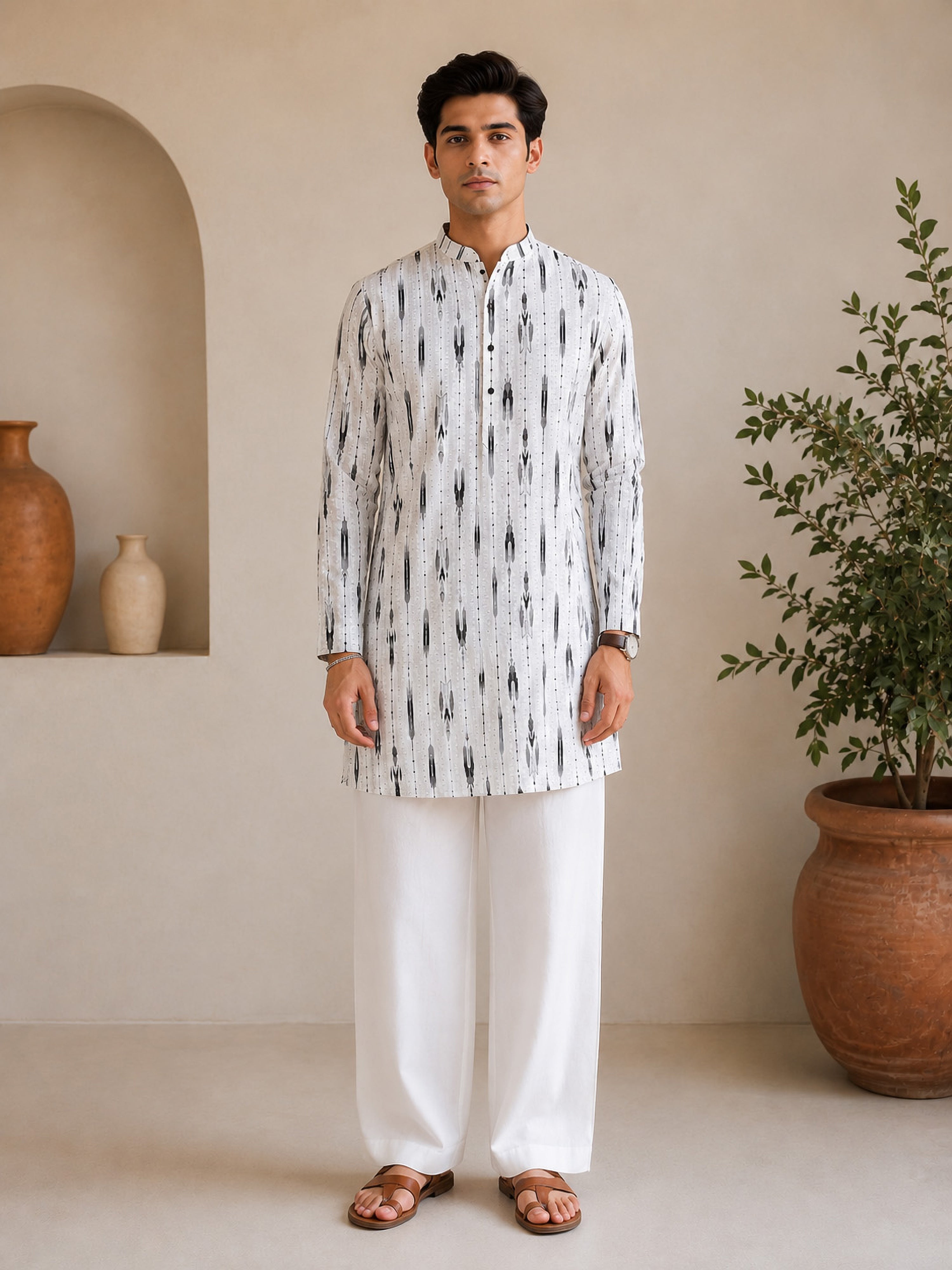 Vastramay Men White Ikkat Print Cotton Kurta with Wide-Leg Pant Set