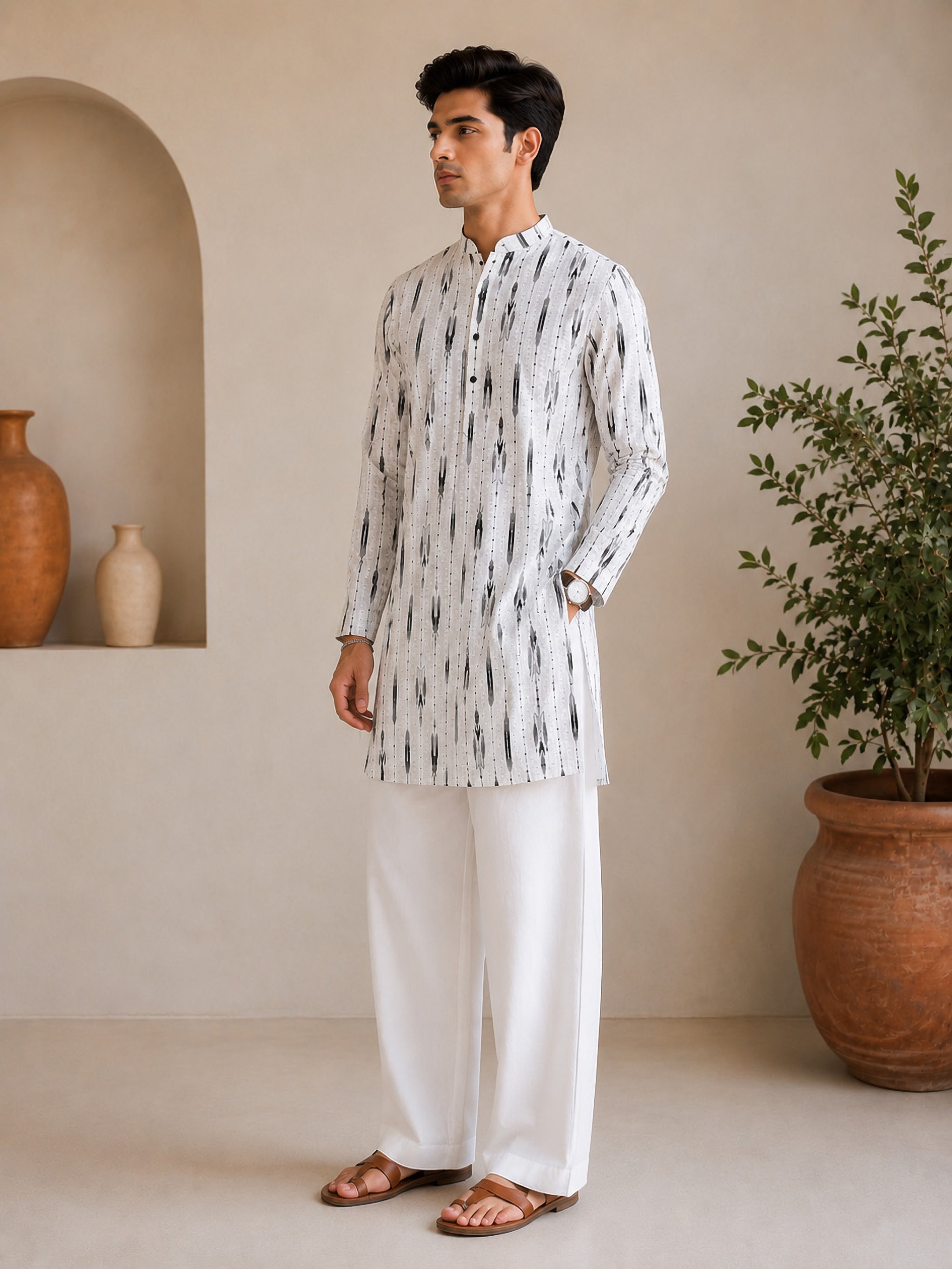 Vastramay Men White Ikkat Print Cotton Kurta with Wide-Leg Pant Set