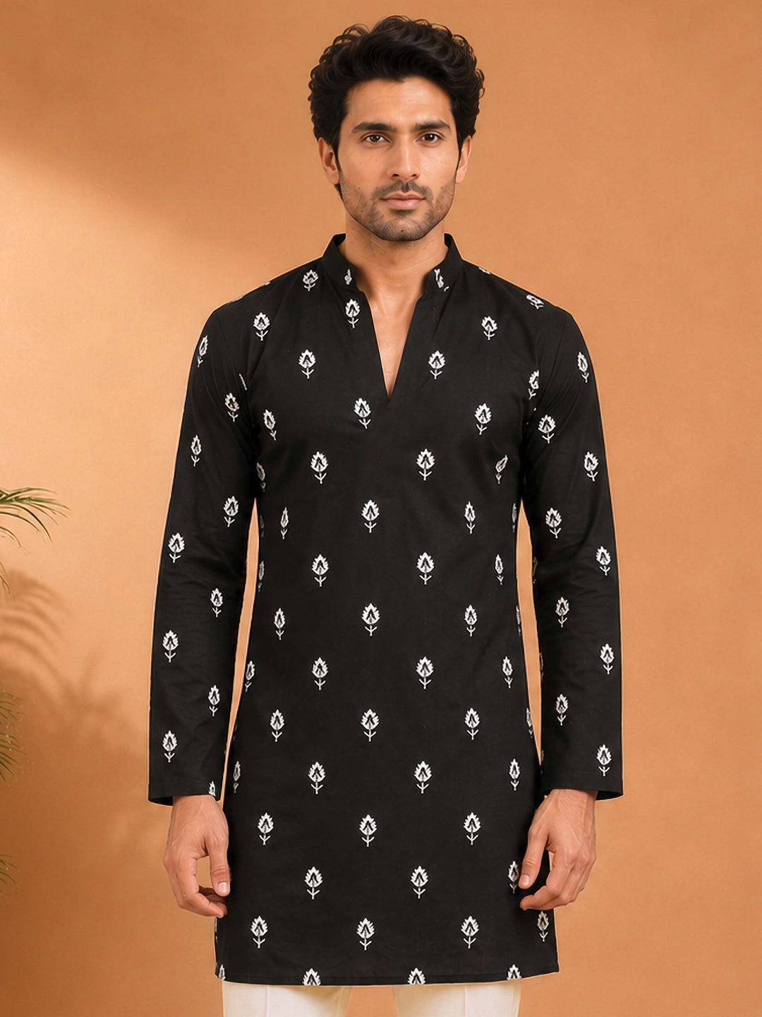 Men Black Viscose Embroidered Kurta with Mandarin Collar