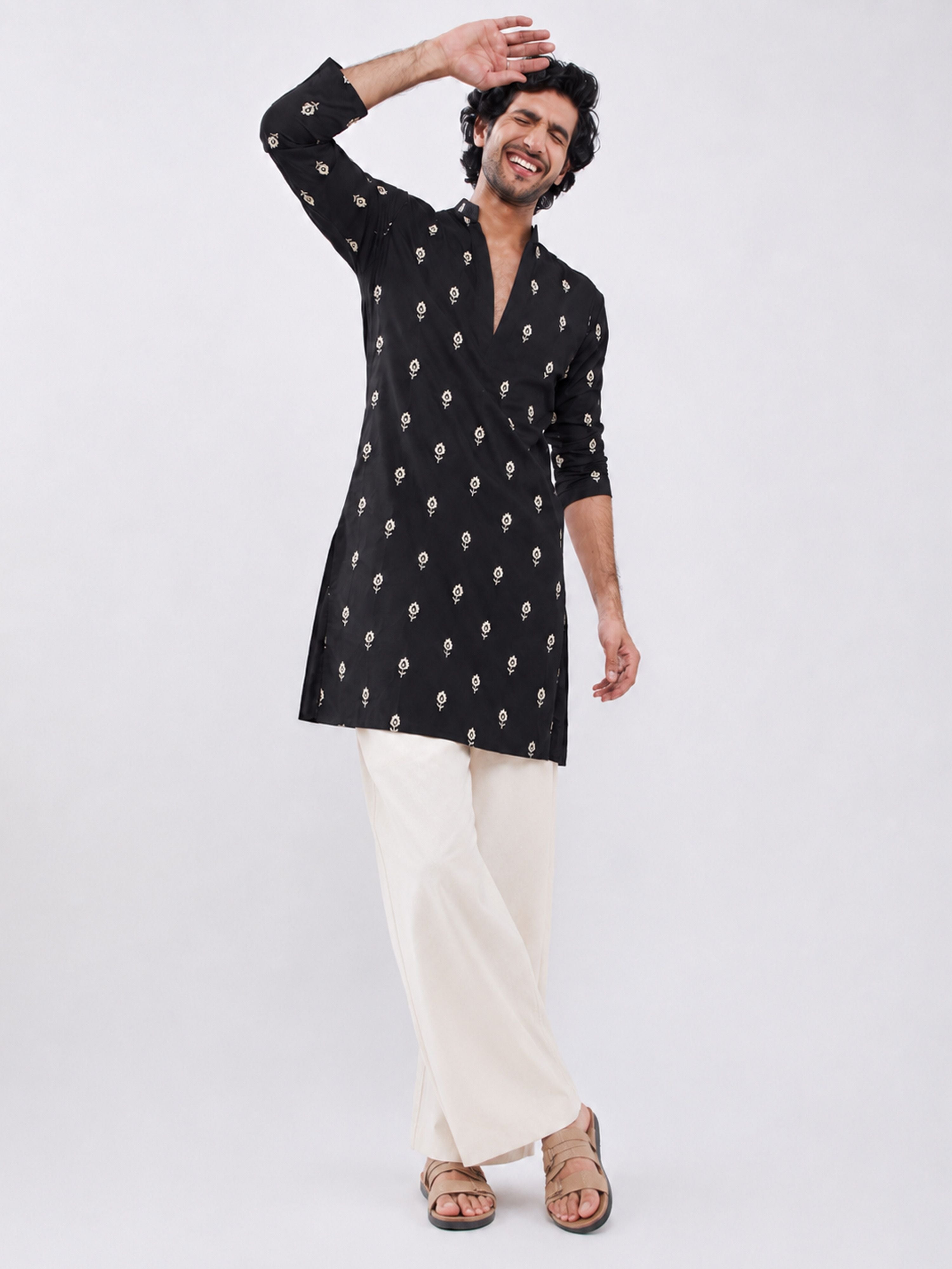 Black Silk-Blend Embroidered Kurta Pant Set for Men