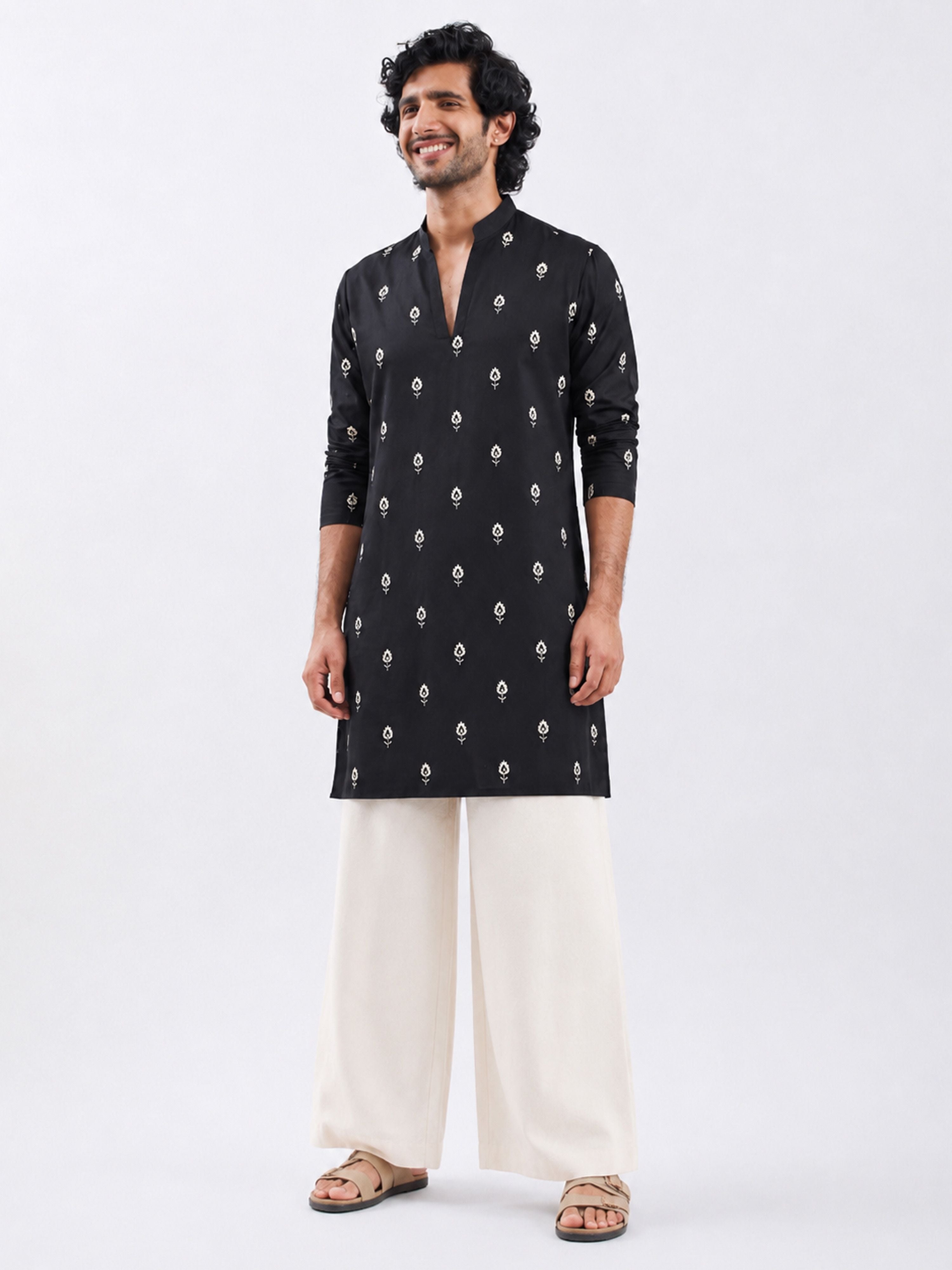 Men's Black Silk-Blend Embroidered Thigh Length Kurta With Wide Leg Pant