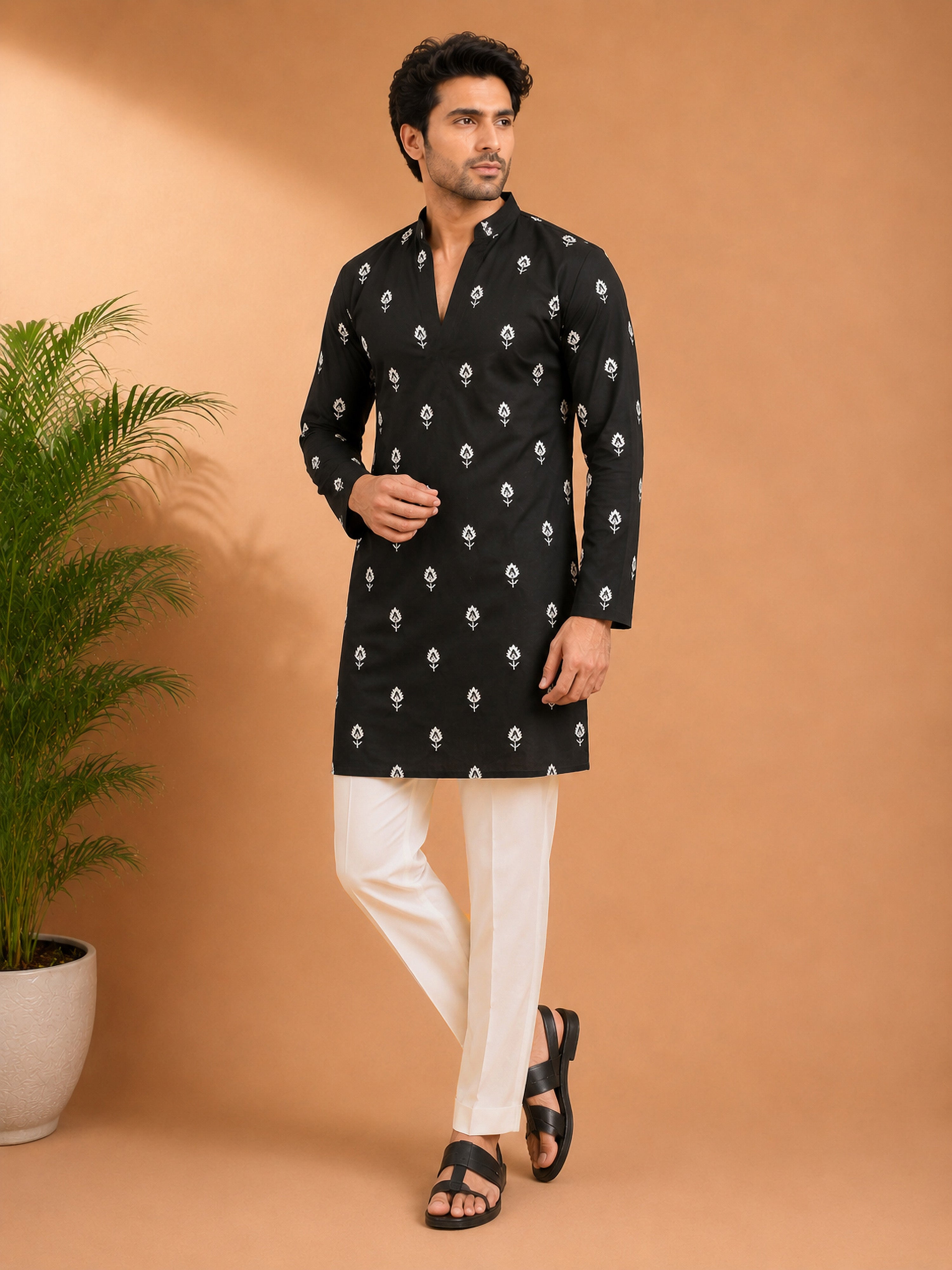 Vastramay Men Black Embroidered V-Neck Kurta with Cream Pant Set
