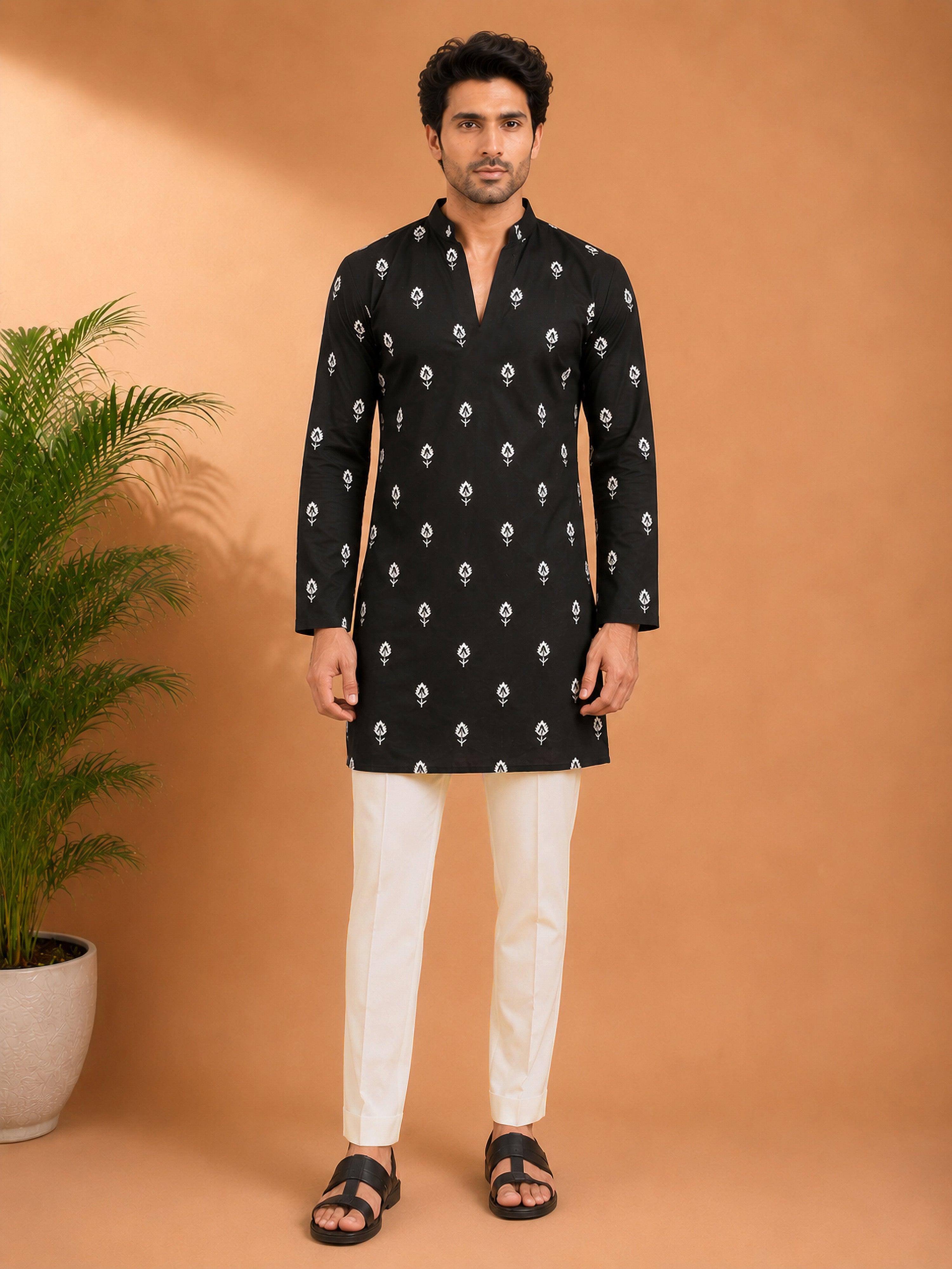 Vastramay Men Black Embroidered V-Neck Kurta with Cream Pant Set