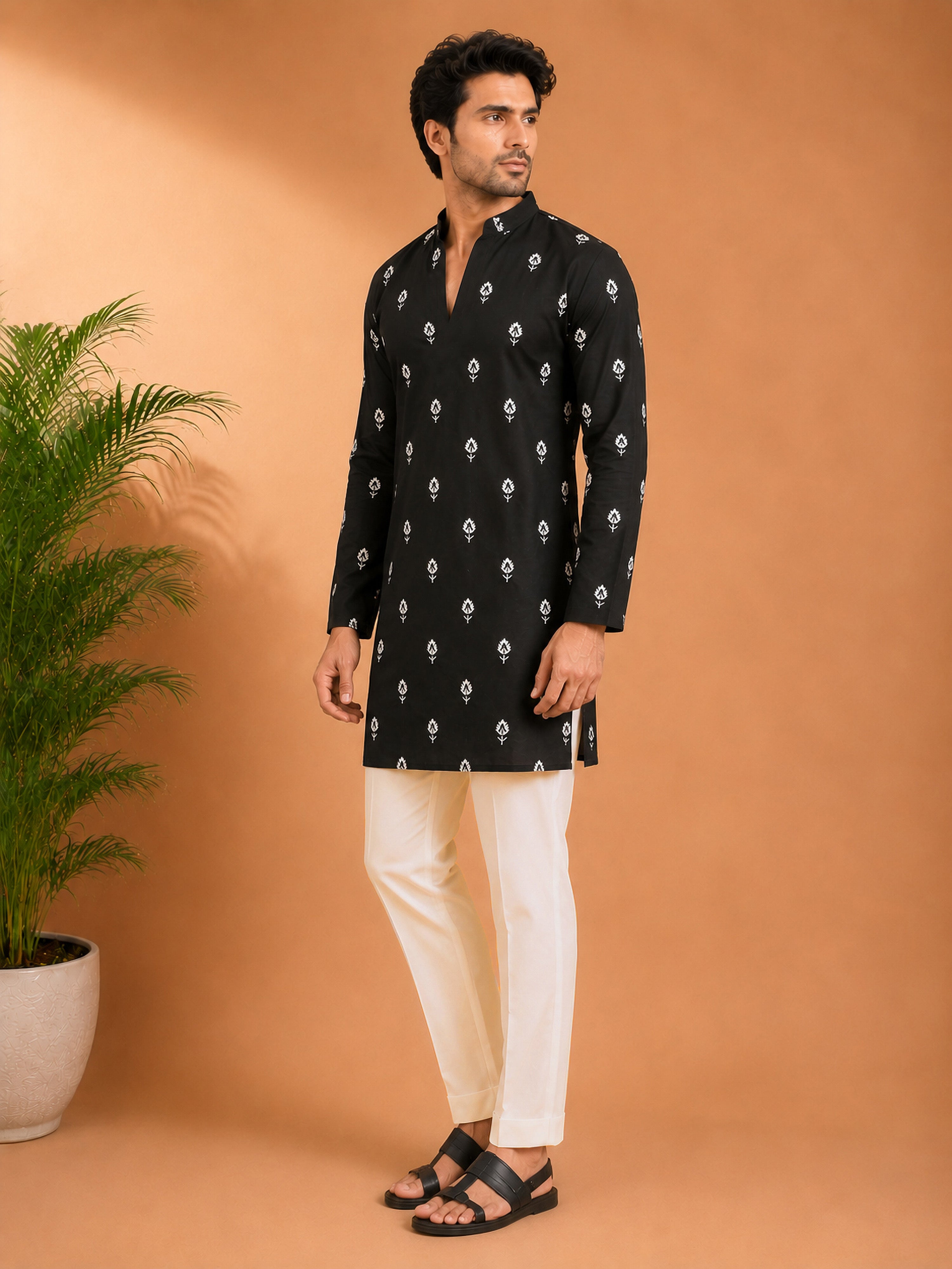 Vastramay Men Black Embroidered V-Neck Kurta with Cream Pant Set