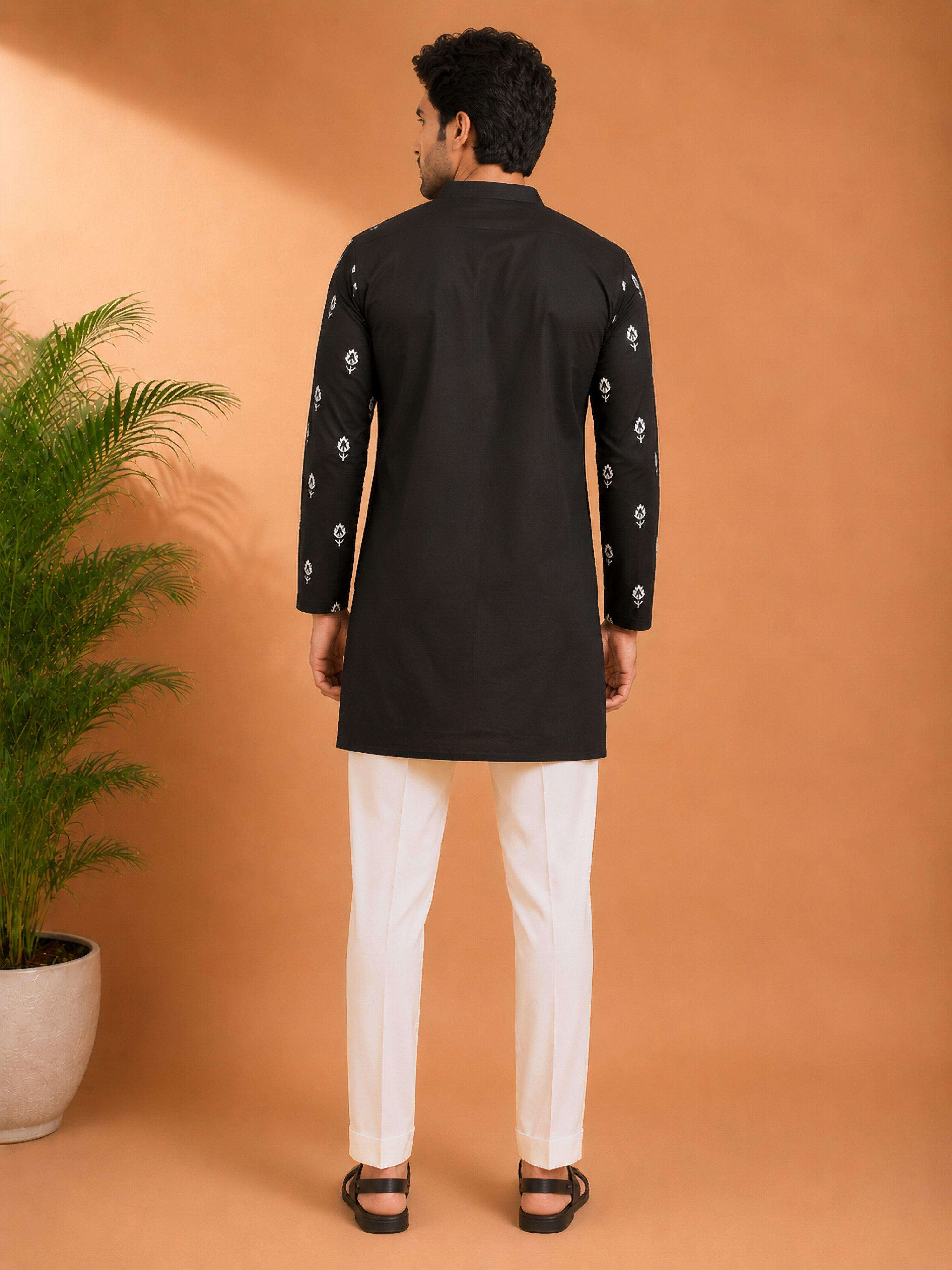 Vastramay Men Black Embroidered V-Neck Kurta with Cream Pant Set