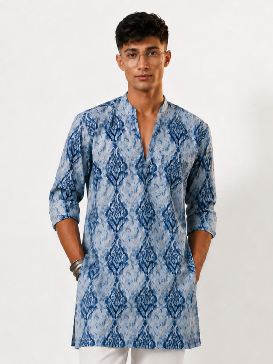 Vastramay Men Blue Cotton Ikkat Print V-Neck Mid-Length Kurta