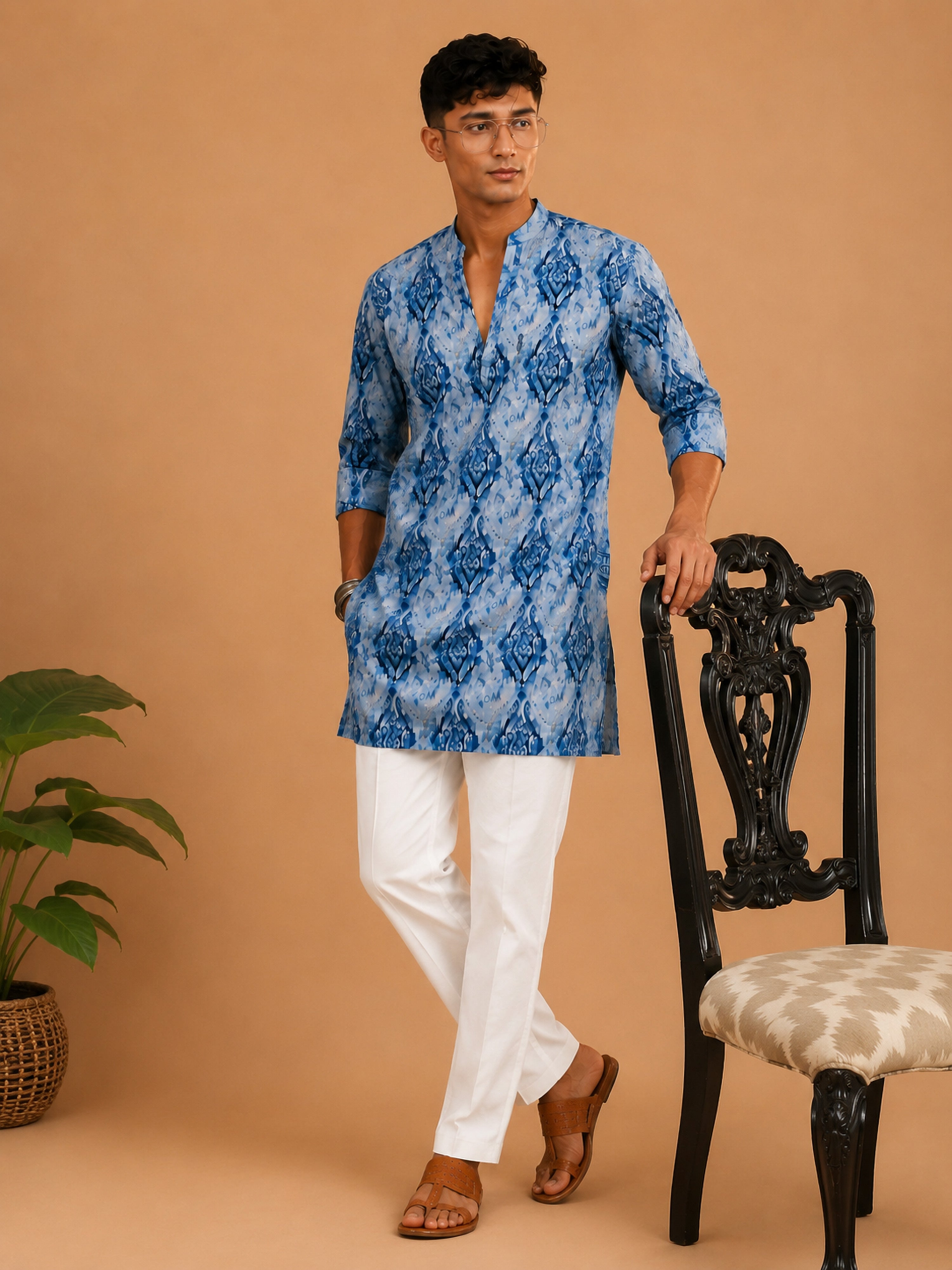 Vastramay Men Blue Ikkat Print Cotton V-Neck Kurta with White Pyjama Set