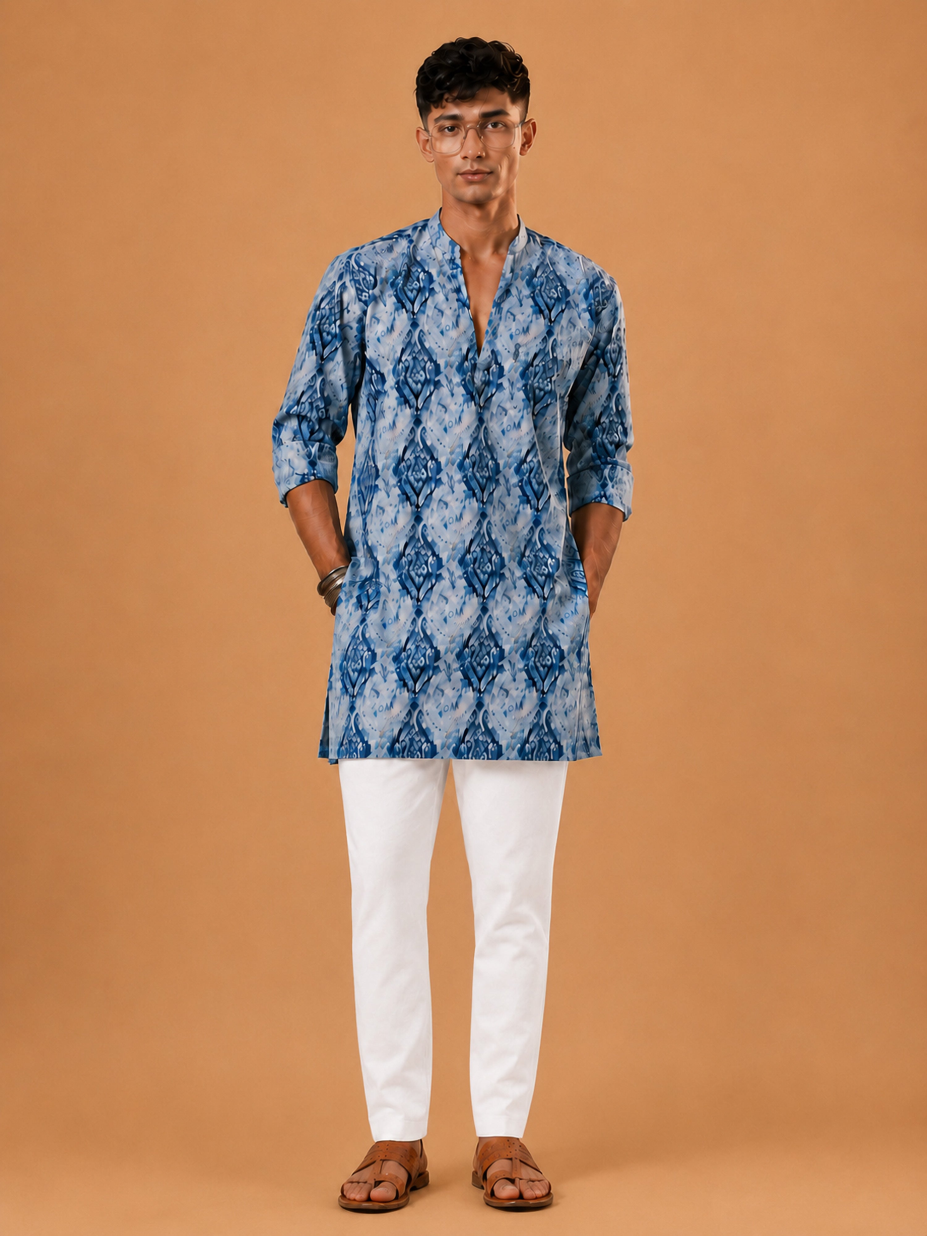Vastramay Men Blue Ikkat Print Cotton V-Neck Kurta with White Pyjama Set