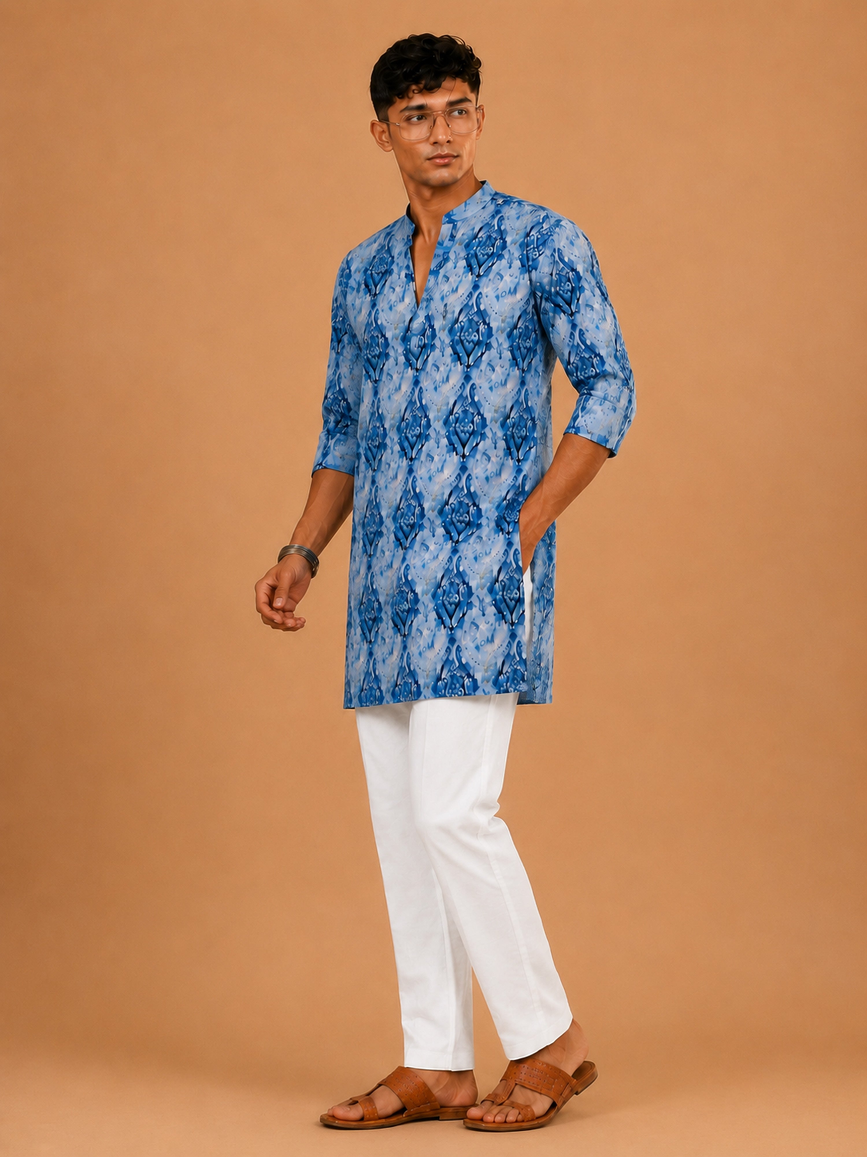 Vastramay Men Blue Ikkat Print Cotton V-Neck Kurta with White Pyjama Set