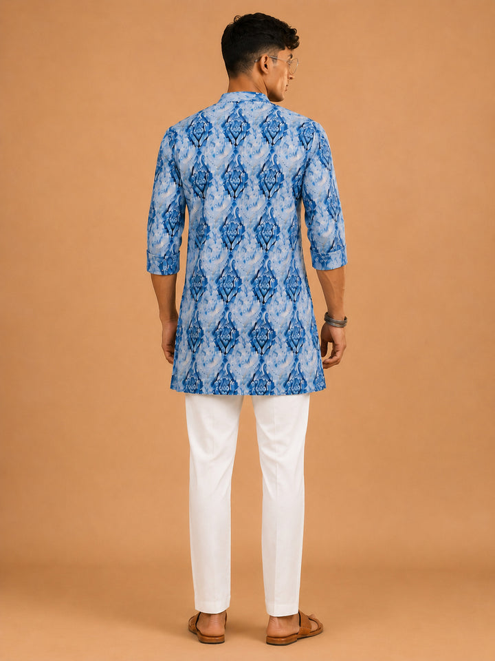Men Blue Ikkat Print Cotton V-Neck Kurta with White Pyjama Set