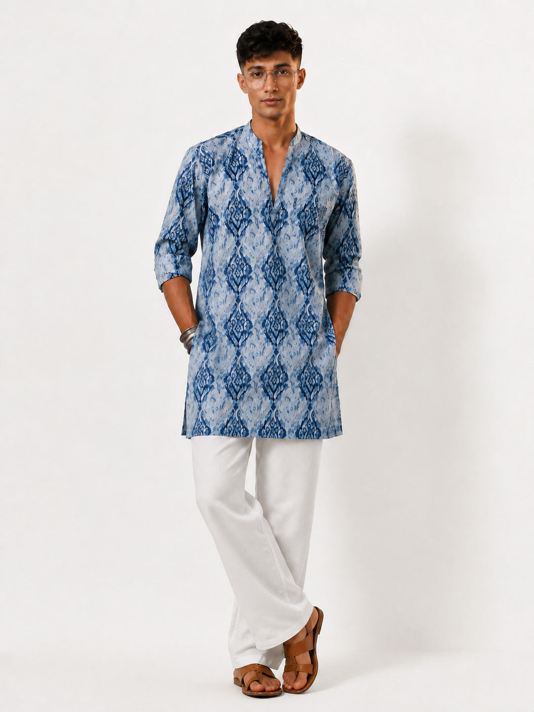 Men Blue Ikkat Print Cotton V-Neck Kurta with White Wide-Leg Pant Set
