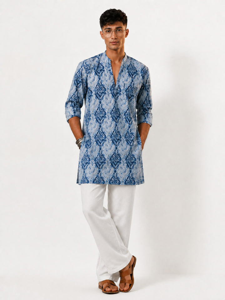 Men Blue Ikkat Print Cotton V-Neck Kurta with White Wide-Leg Pant Set