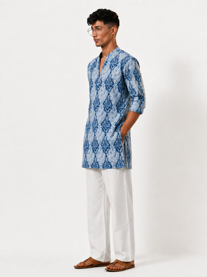 Men Blue Ikkat Print Cotton V-Neck Kurta with White Wide-Leg Pant Set