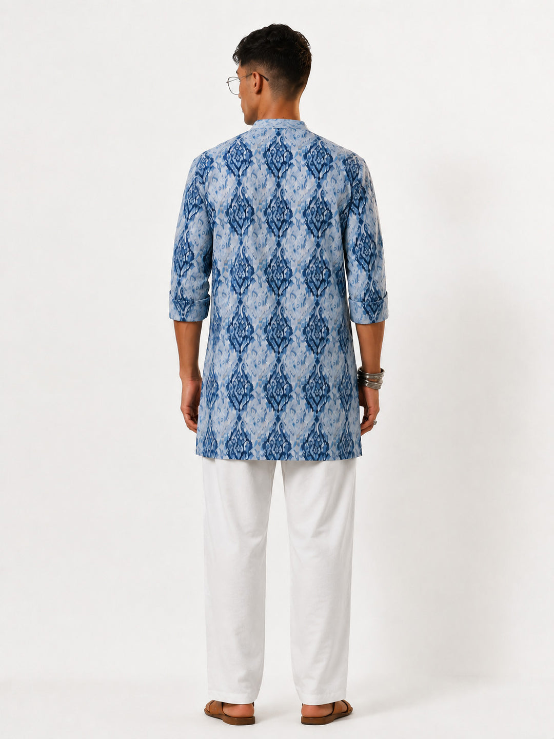 Men Blue Ikkat Print Cotton V-Neck Kurta with White Wide-Leg Pant Set