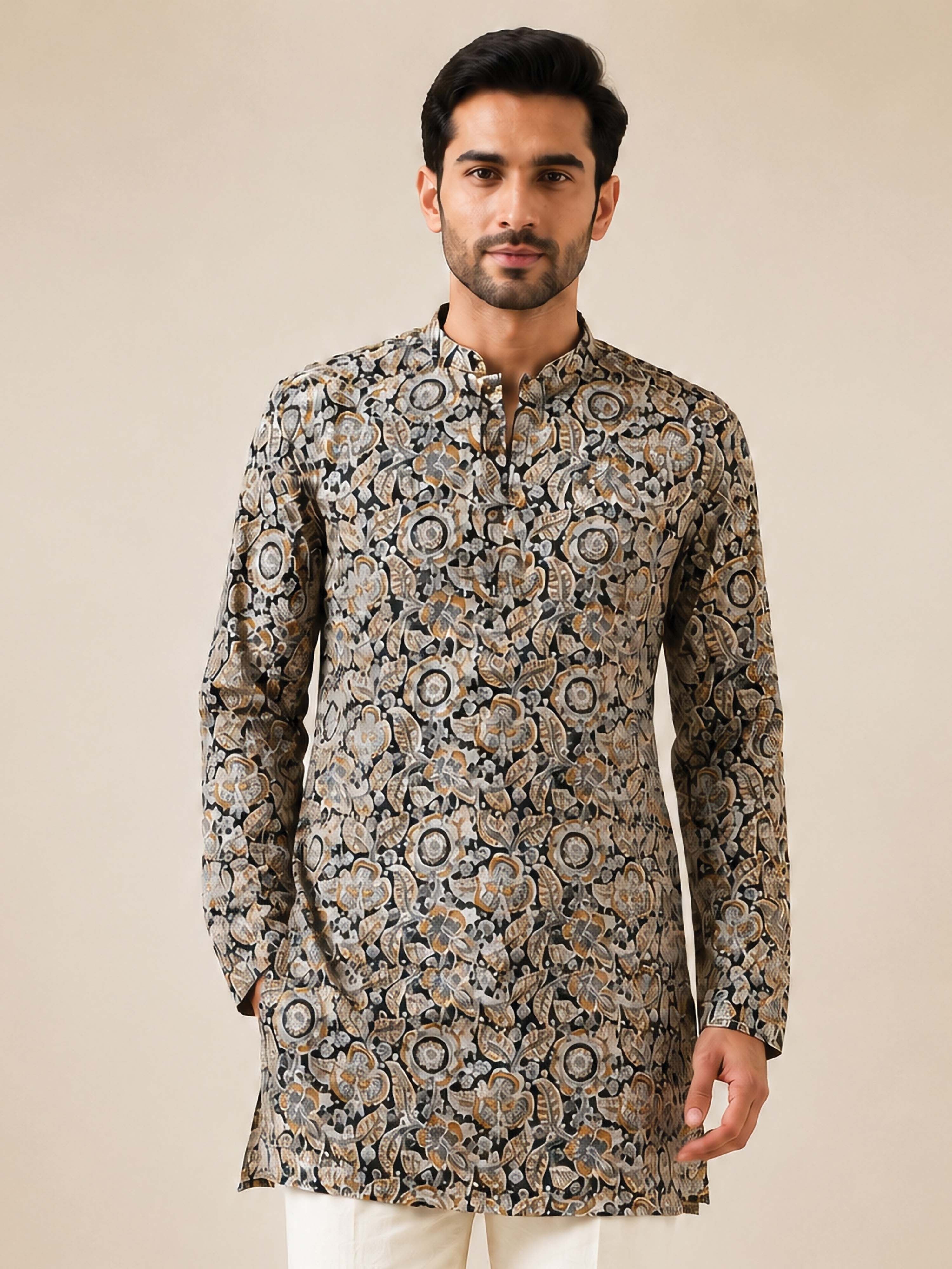Men Black Cotton Floral Printed Kurta with Mandarin Collar