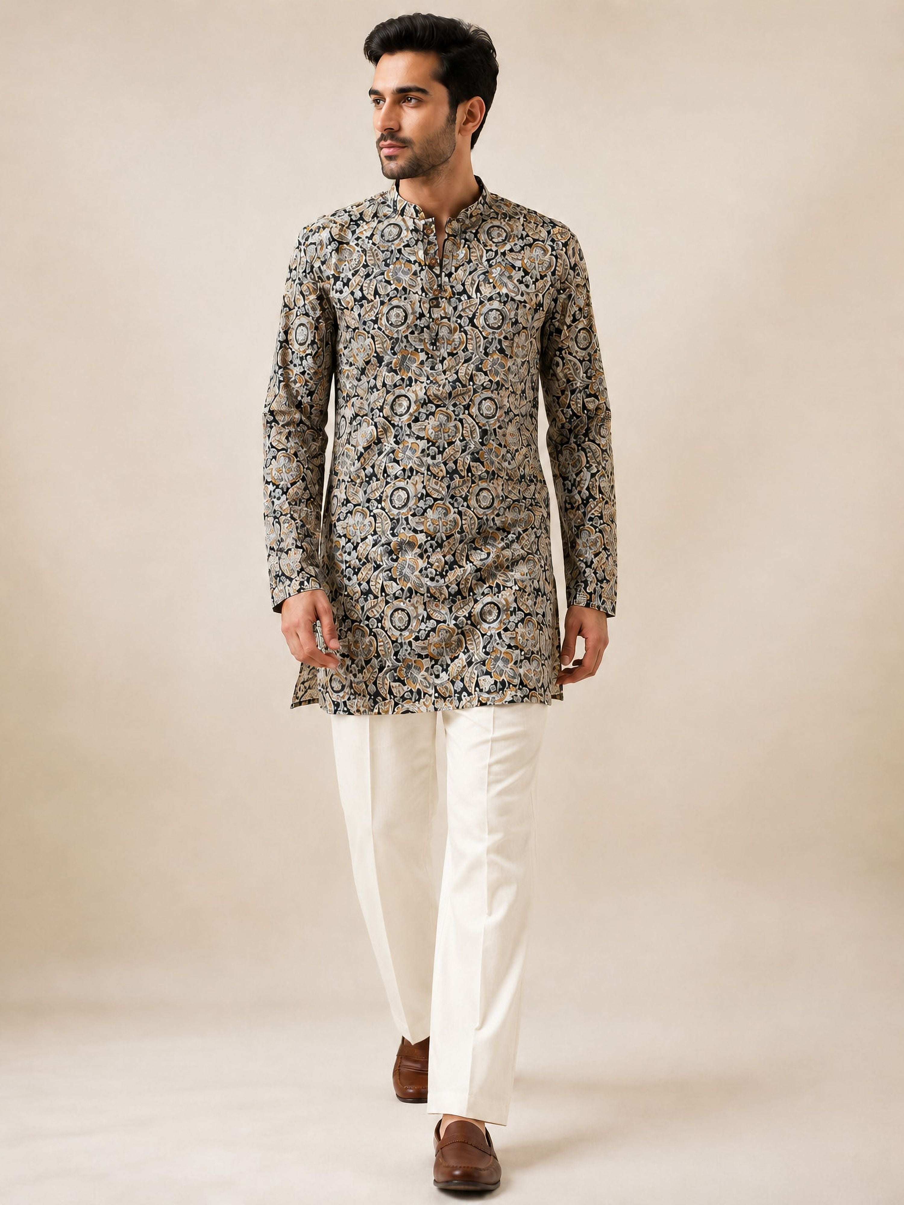 Men's Black Cotton Printed Regular Mid-Length Kurta