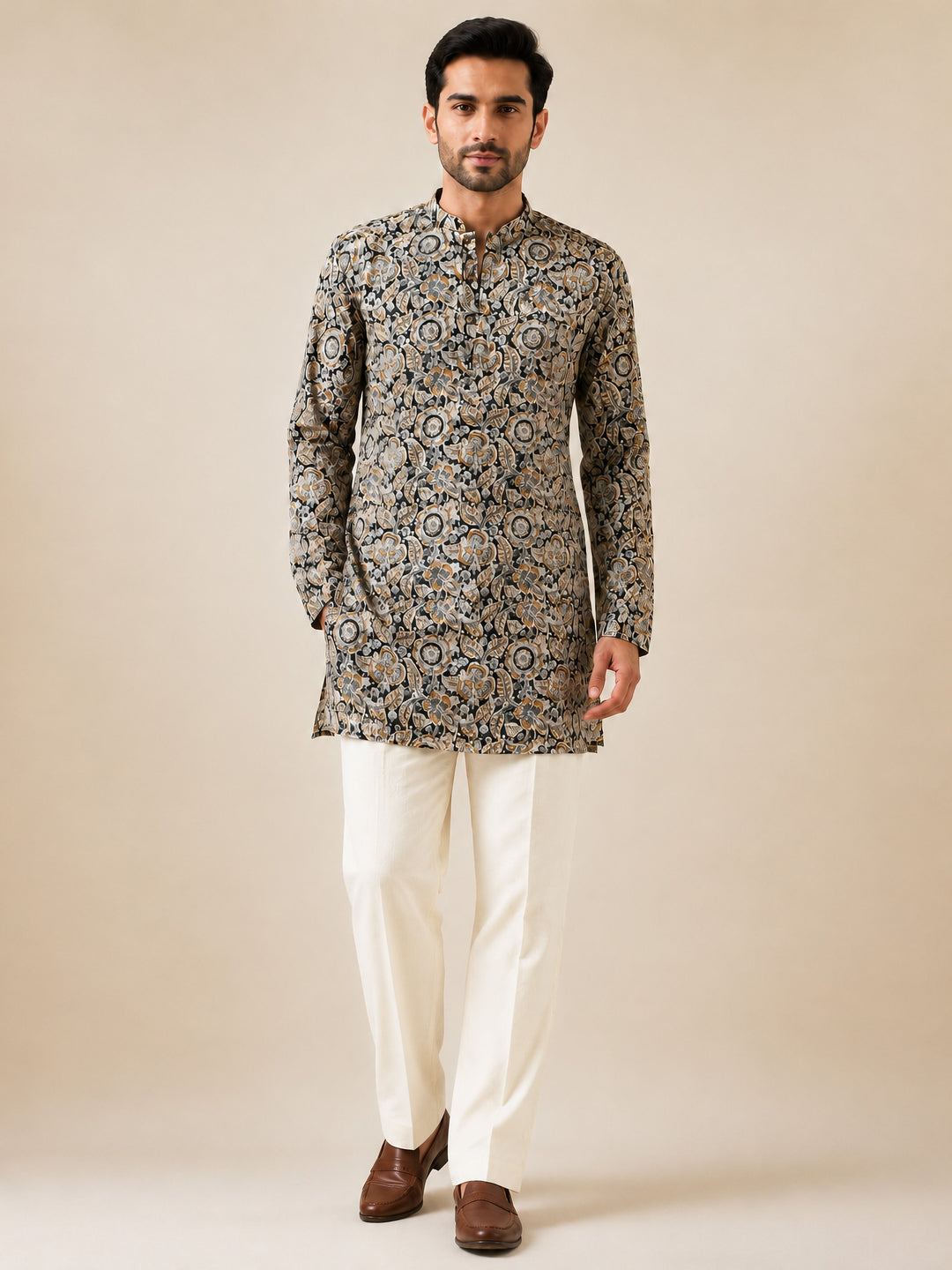 Vastramay Men Black Kalamkari Print Cotton Kurta with Cream Solid Pant Set