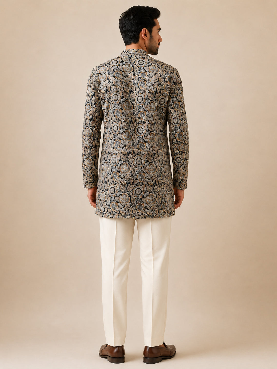 Vastramay Men Black Kalamkari Print Cotton Kurta with Cream Solid Pant Set
