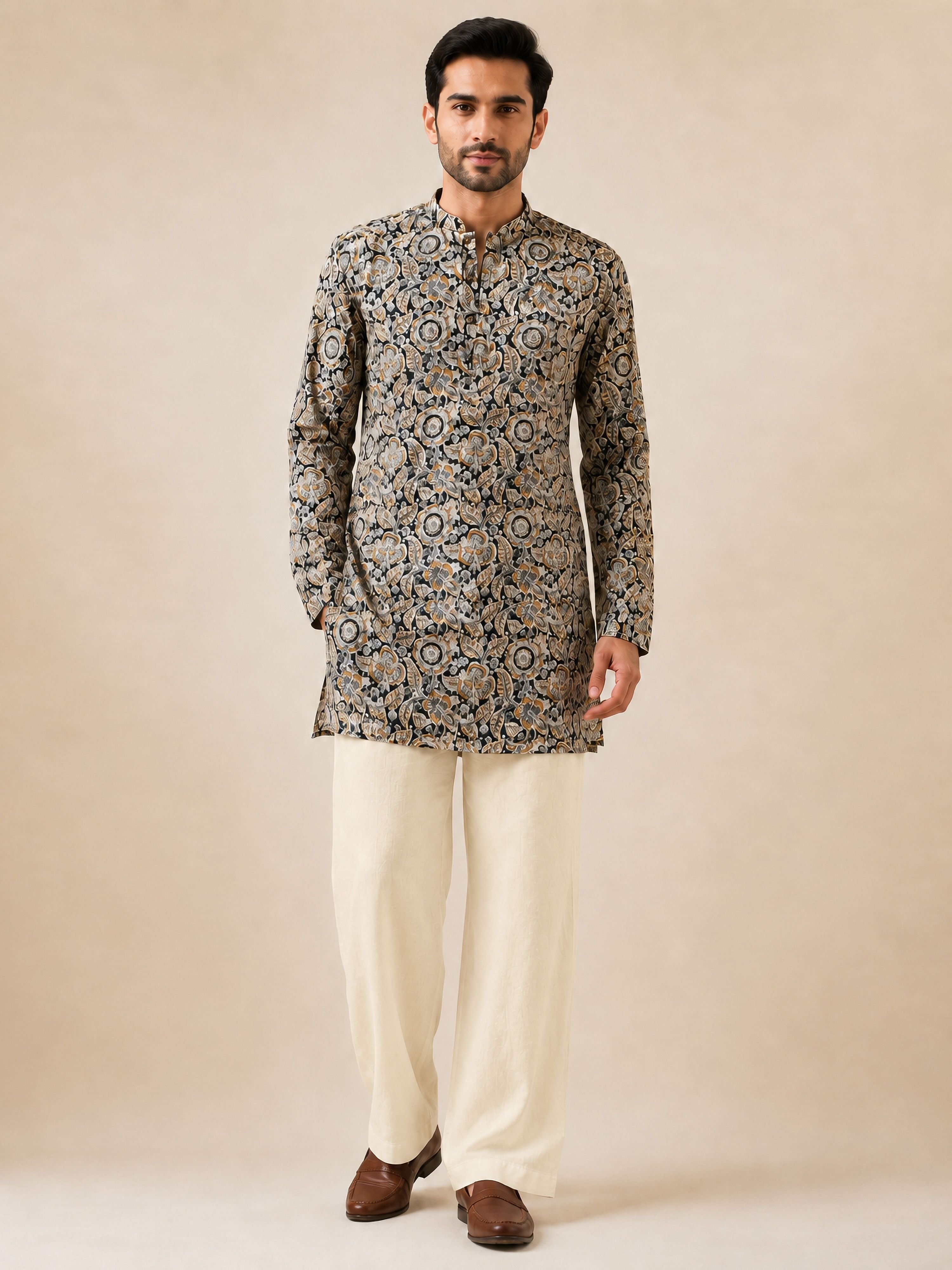 Men Black Cotton Kalamkari Kurta Pant Set | Wide Leg