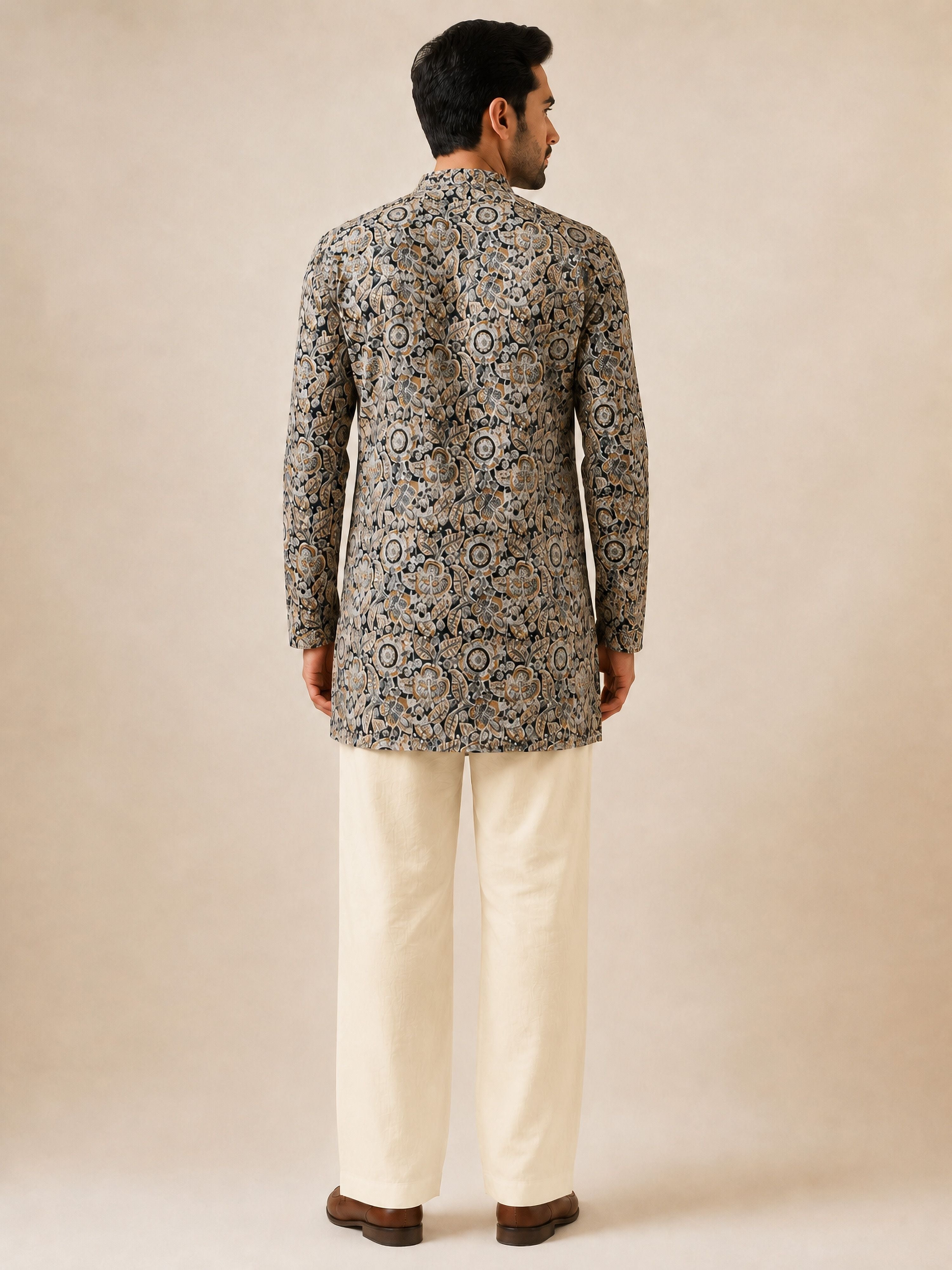 Men's Black Cotton Kalamkari Print Thigh Length Kurta With Wide Leg Pant