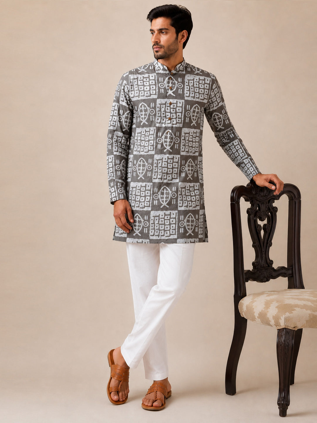 Men Grey Cotton Batik Kurta Pyjama Set | Mandarin Collar