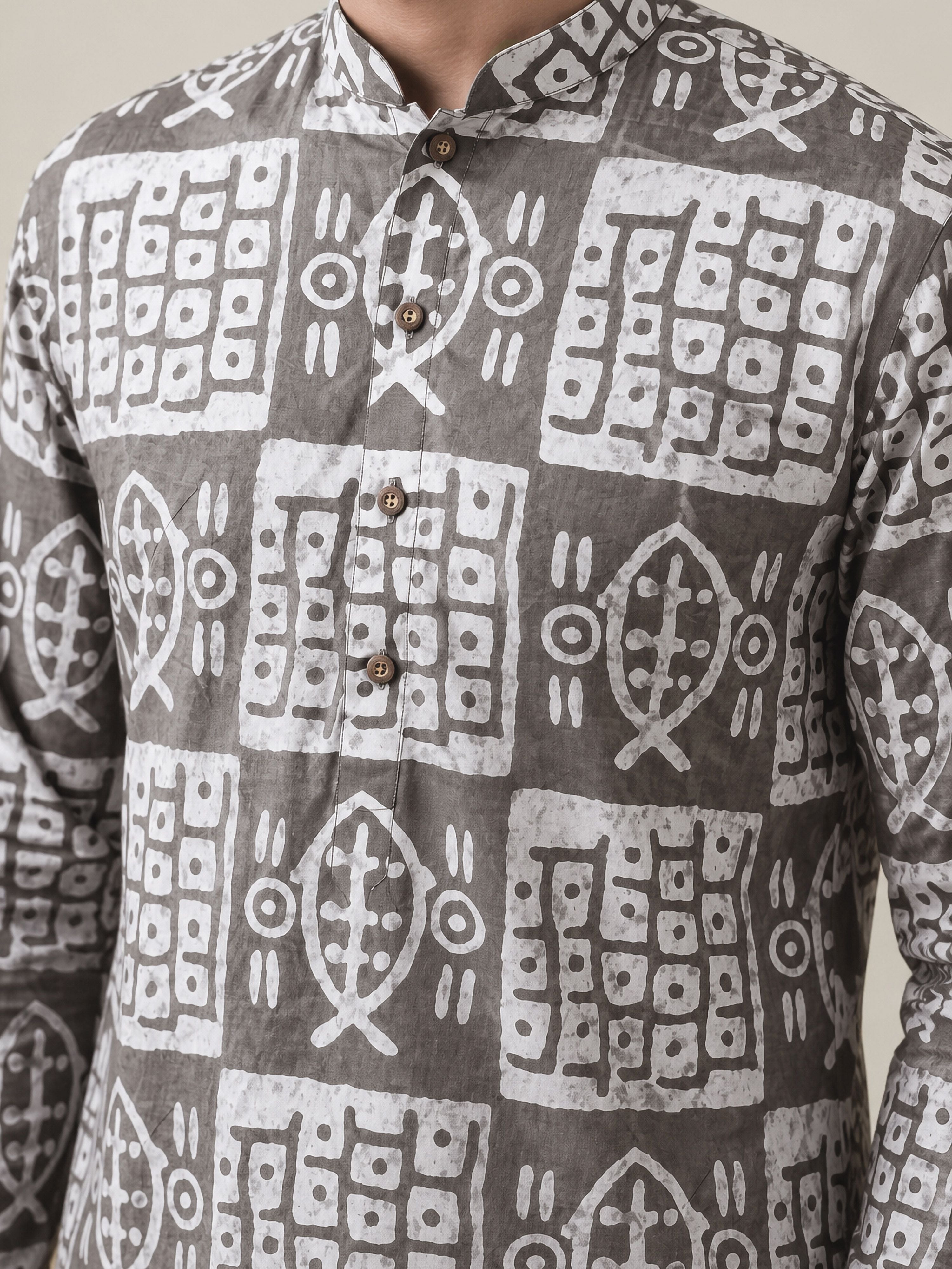 Men's Grey Cotton Batik Thigh Length Kurta With Pyjama