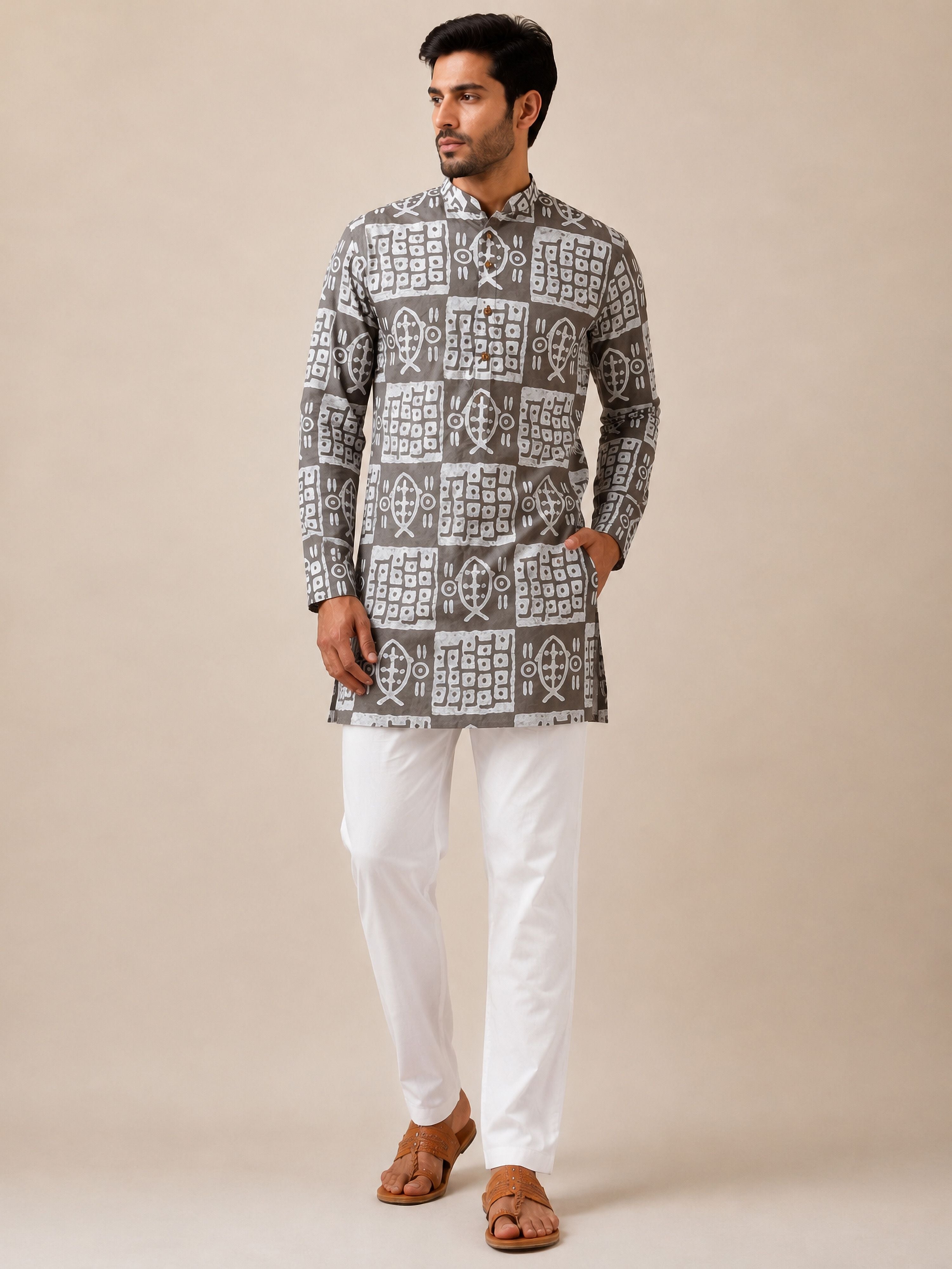 Men's Grey Cotton Batik Thigh Length Kurta With Pyjama