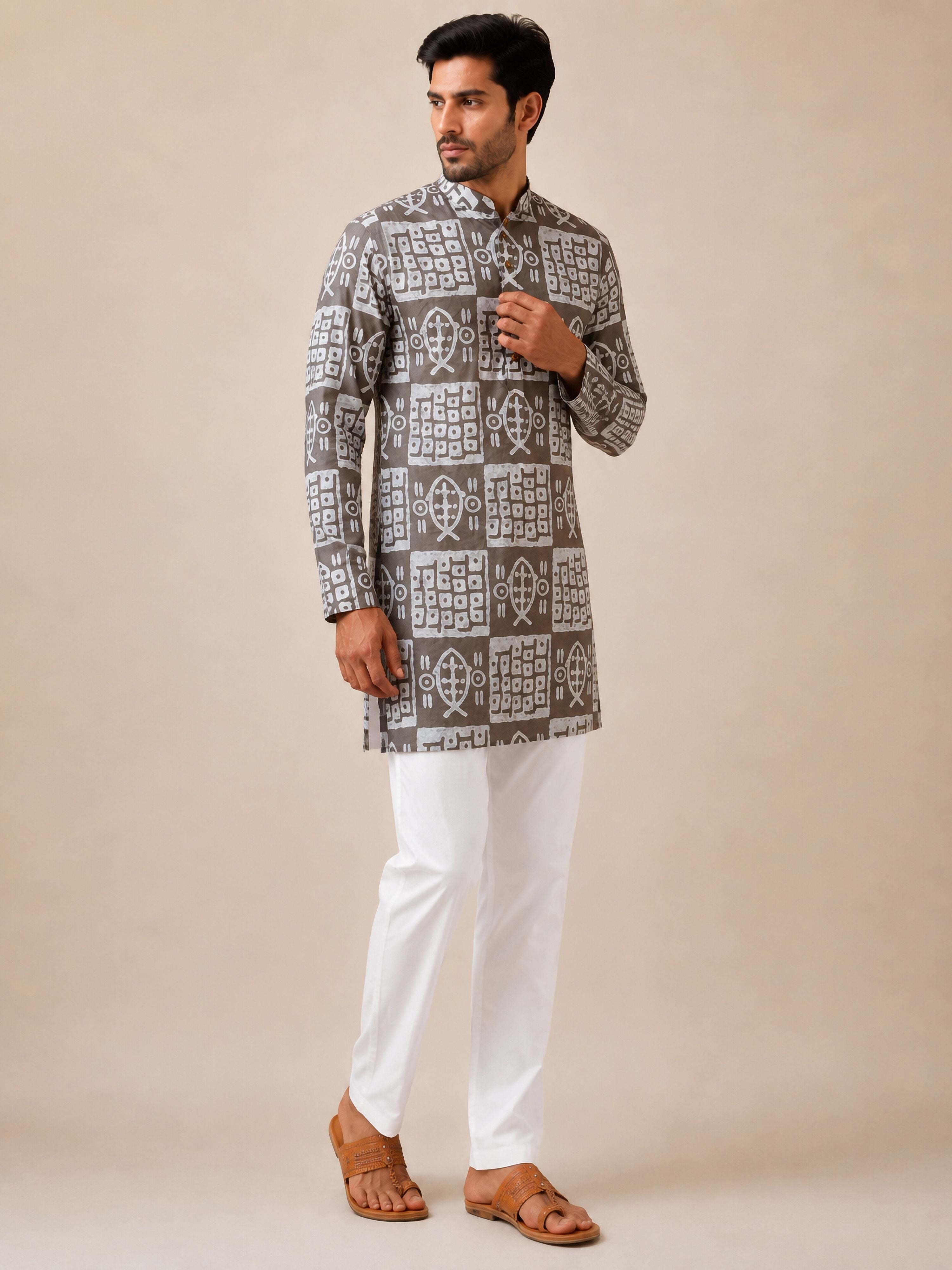 Men's Grey Cotton Batik Thigh Length Kurta With Pyjama