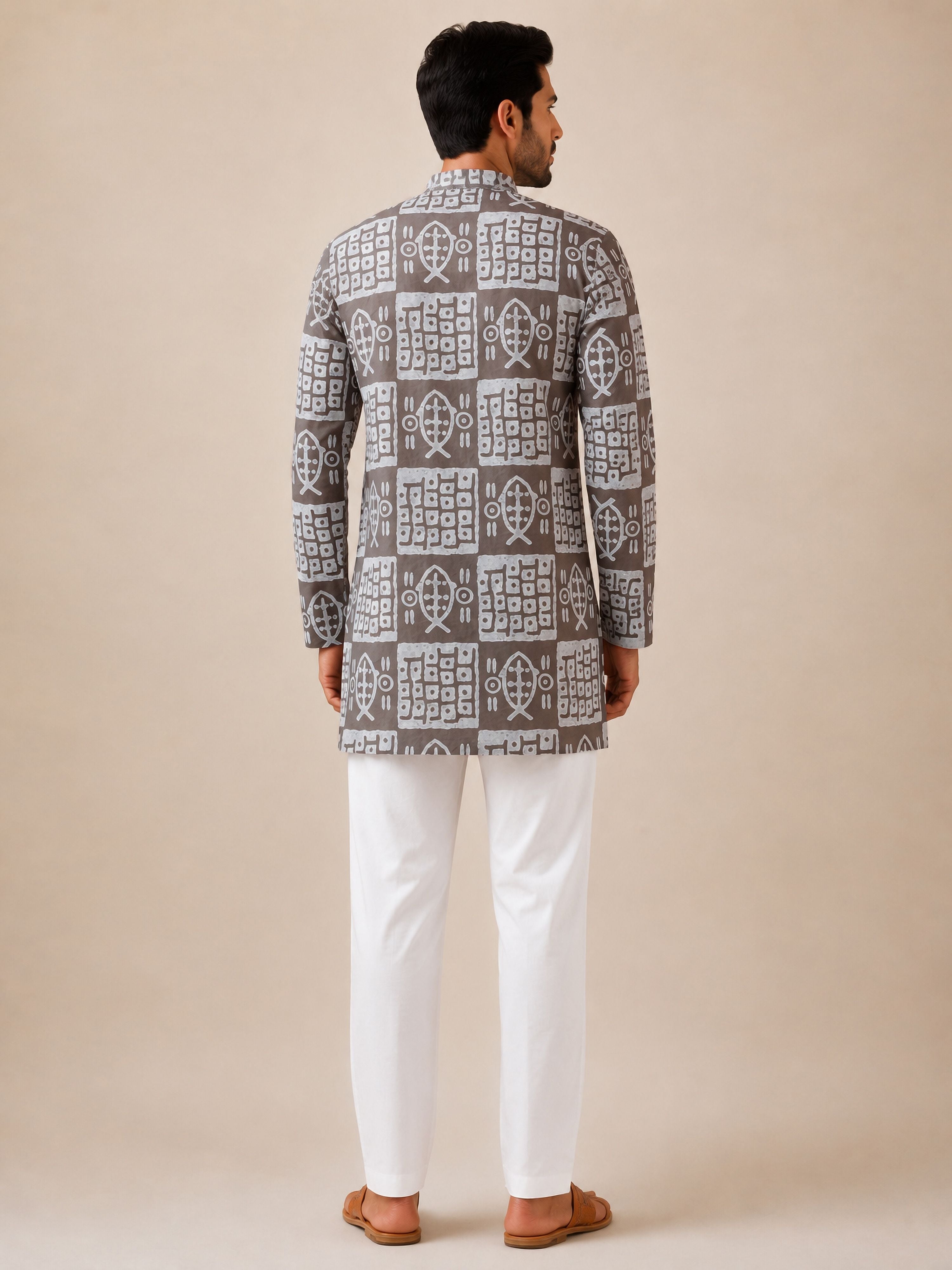Men's Grey Cotton Batik Thigh Length Kurta With Pyjama