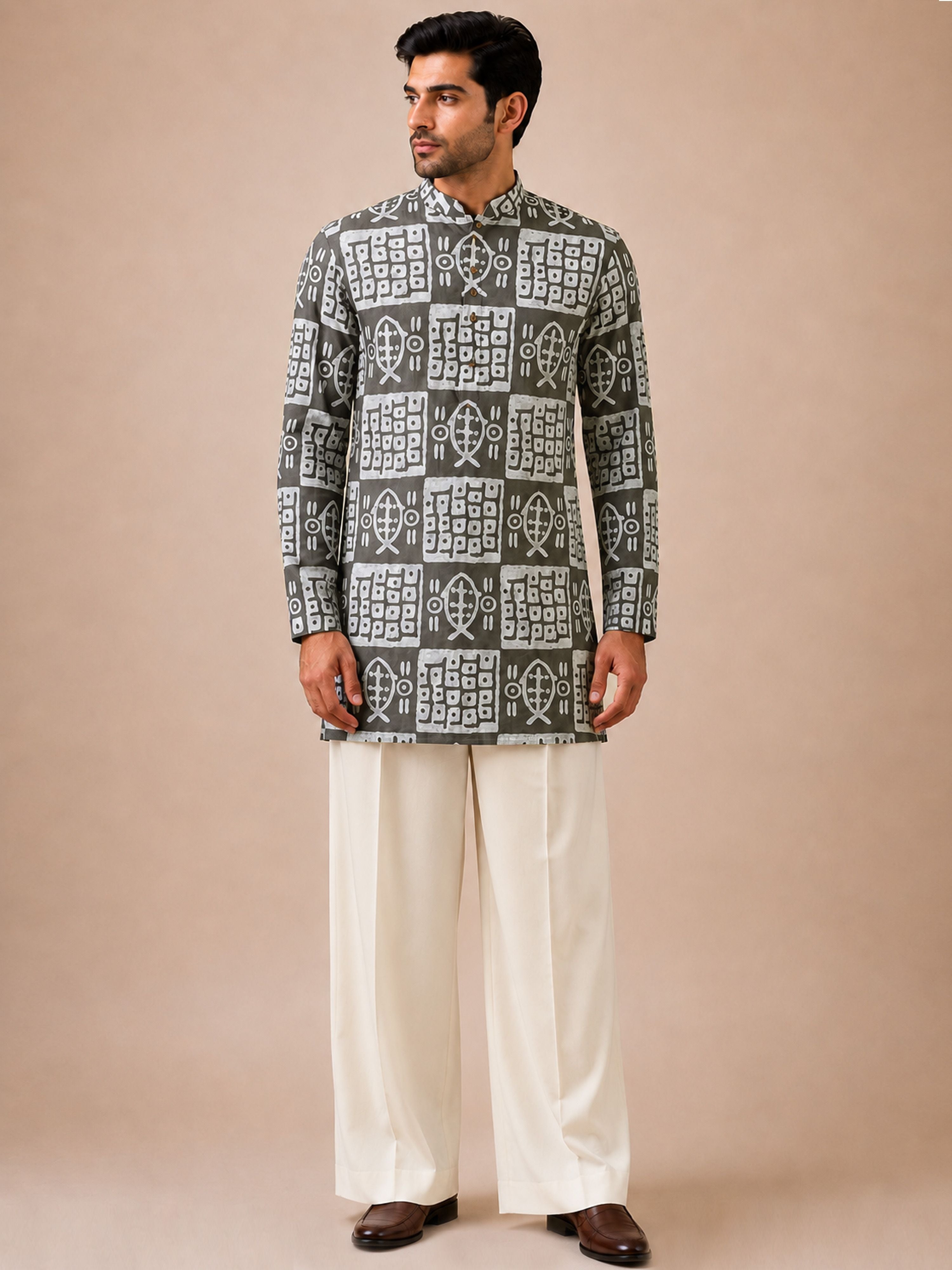 Men's Grey Synthetic Batik Thigh Length Kurta With Wide Leg Pant