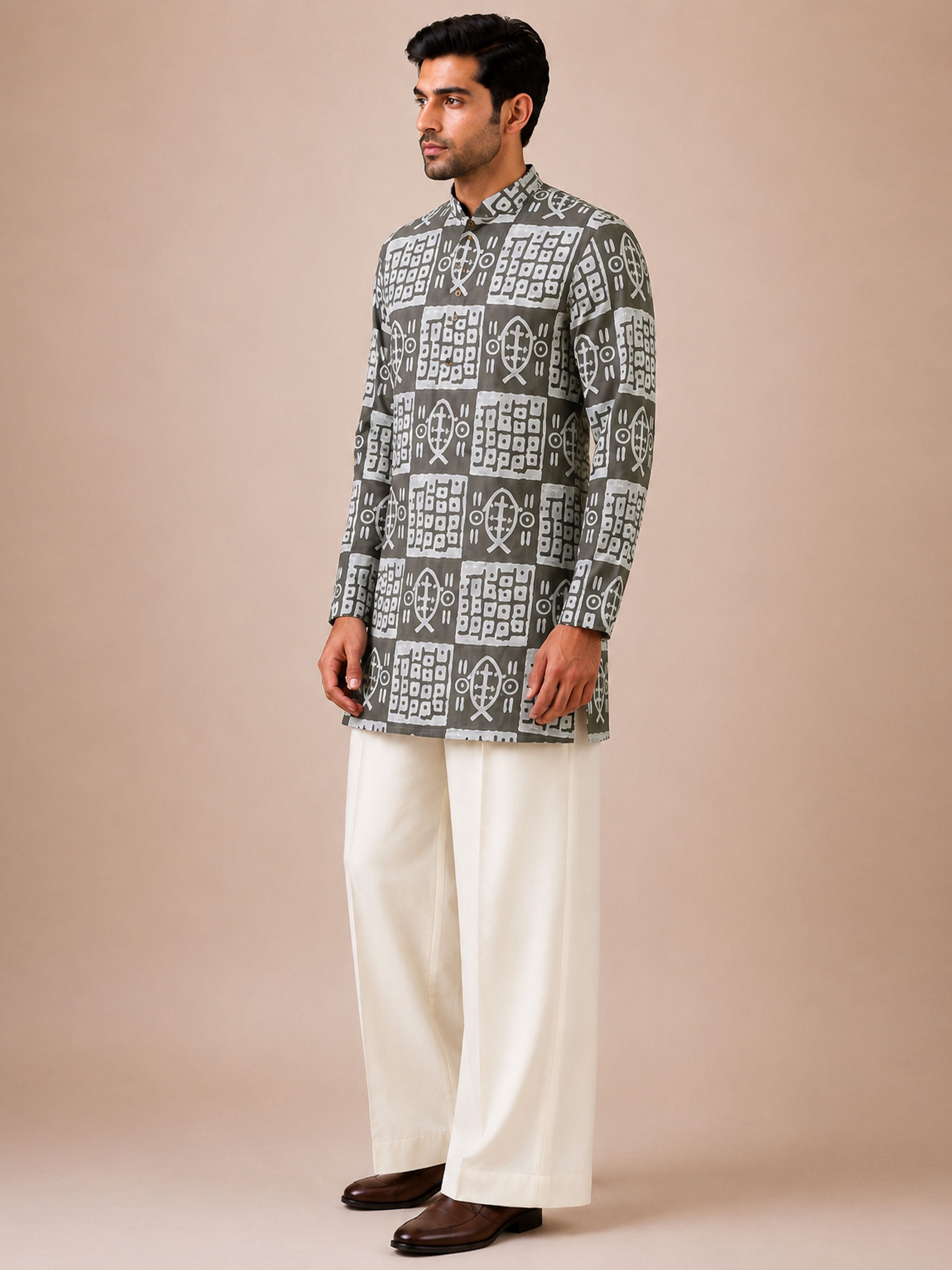 Men's Grey Synthetic Batik Thigh Length Kurta With Wide Leg Pant