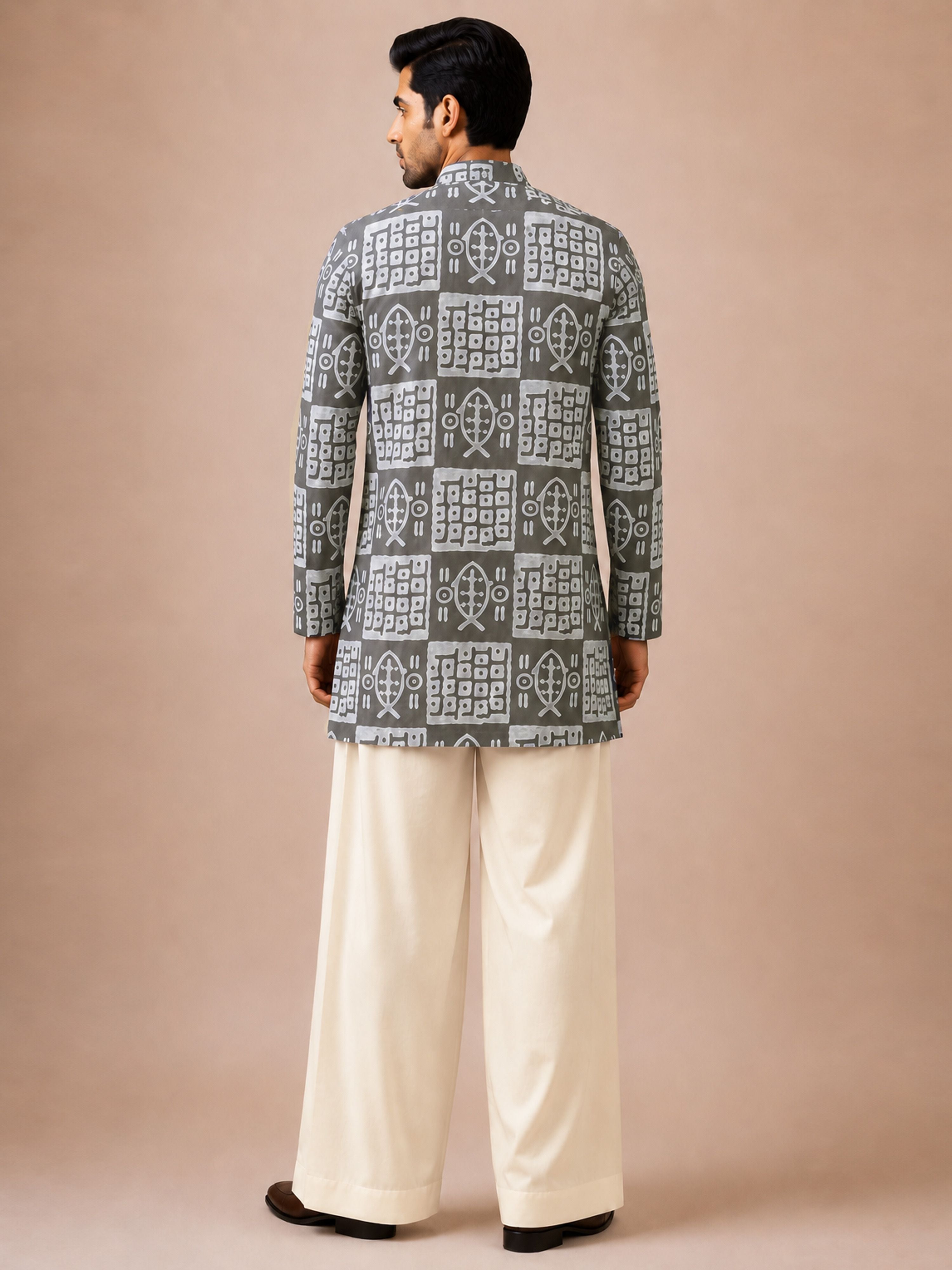 Men's Grey Synthetic Batik Thigh Length Kurta With Wide Leg Pant