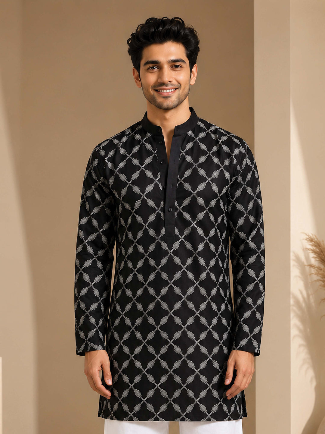 Men's Black Viscose Embroidered Kurta | Mandarin Collar