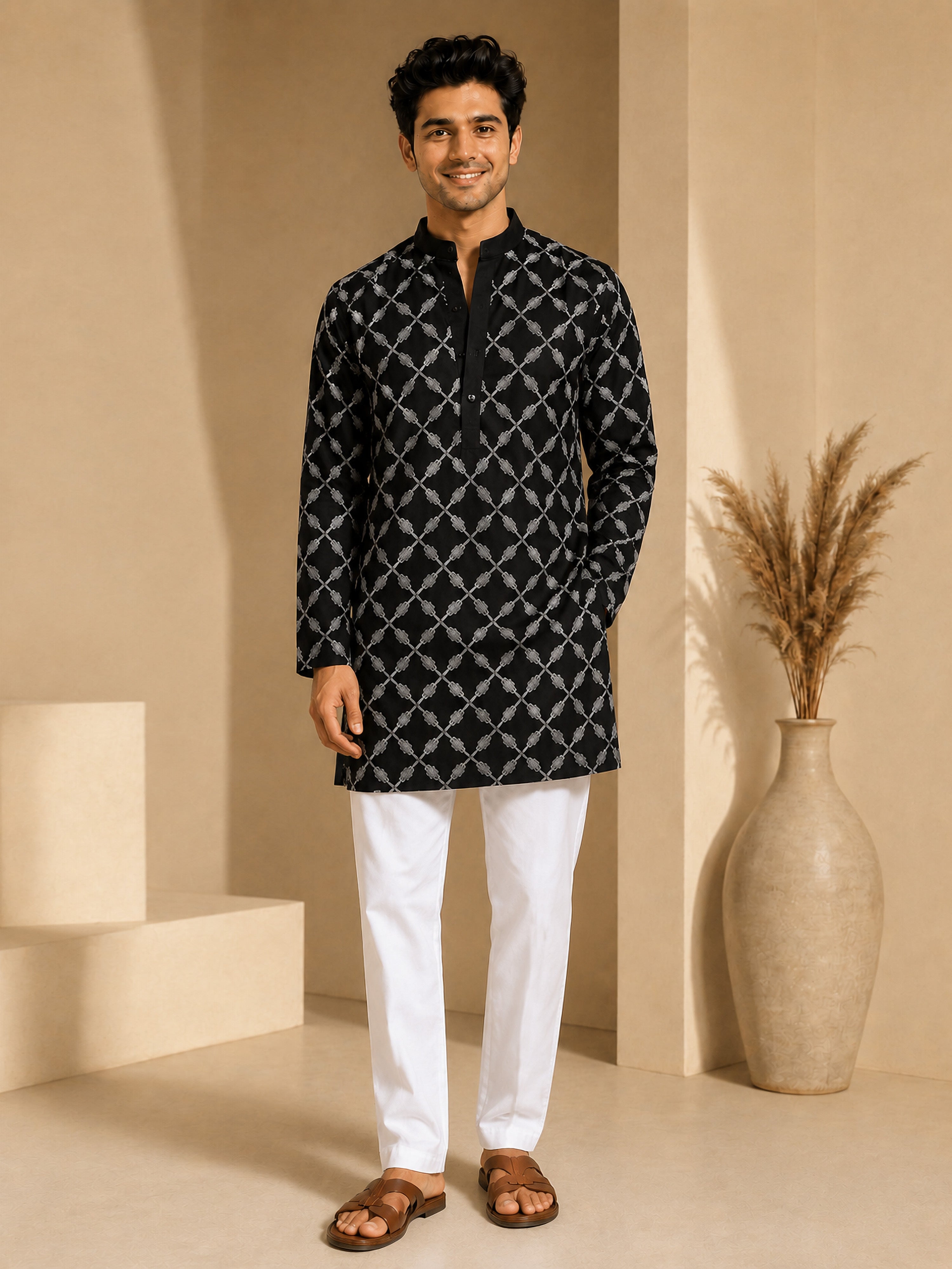 Vastramay Men Black Embroidered V-Neck Kurta with White Pyjama Set