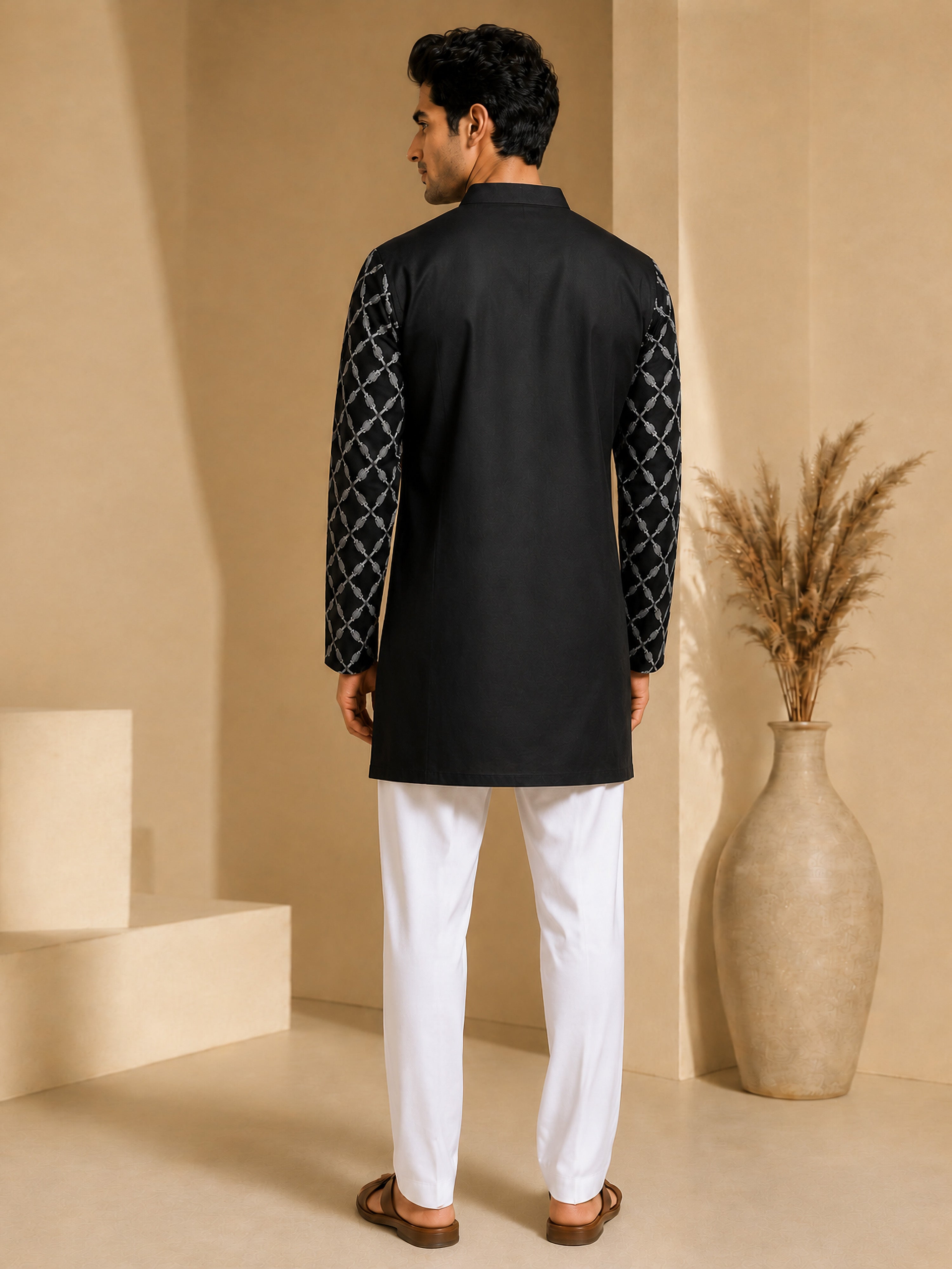 Vastramay Men Black Embroidered V-Neck Kurta with White Pyjama Set