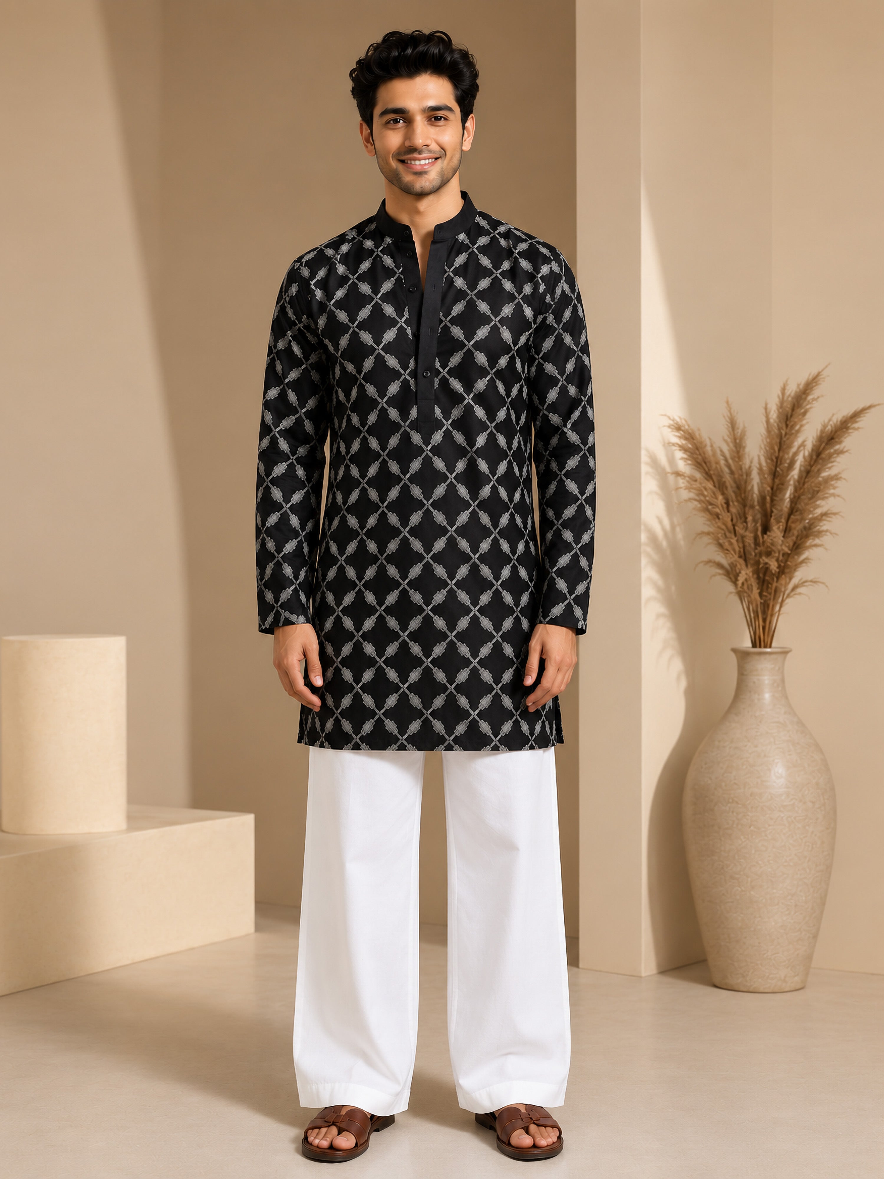 Vastramay Men Black Embroidered V-Neck Kurta with White Wide-Leg Pant Set