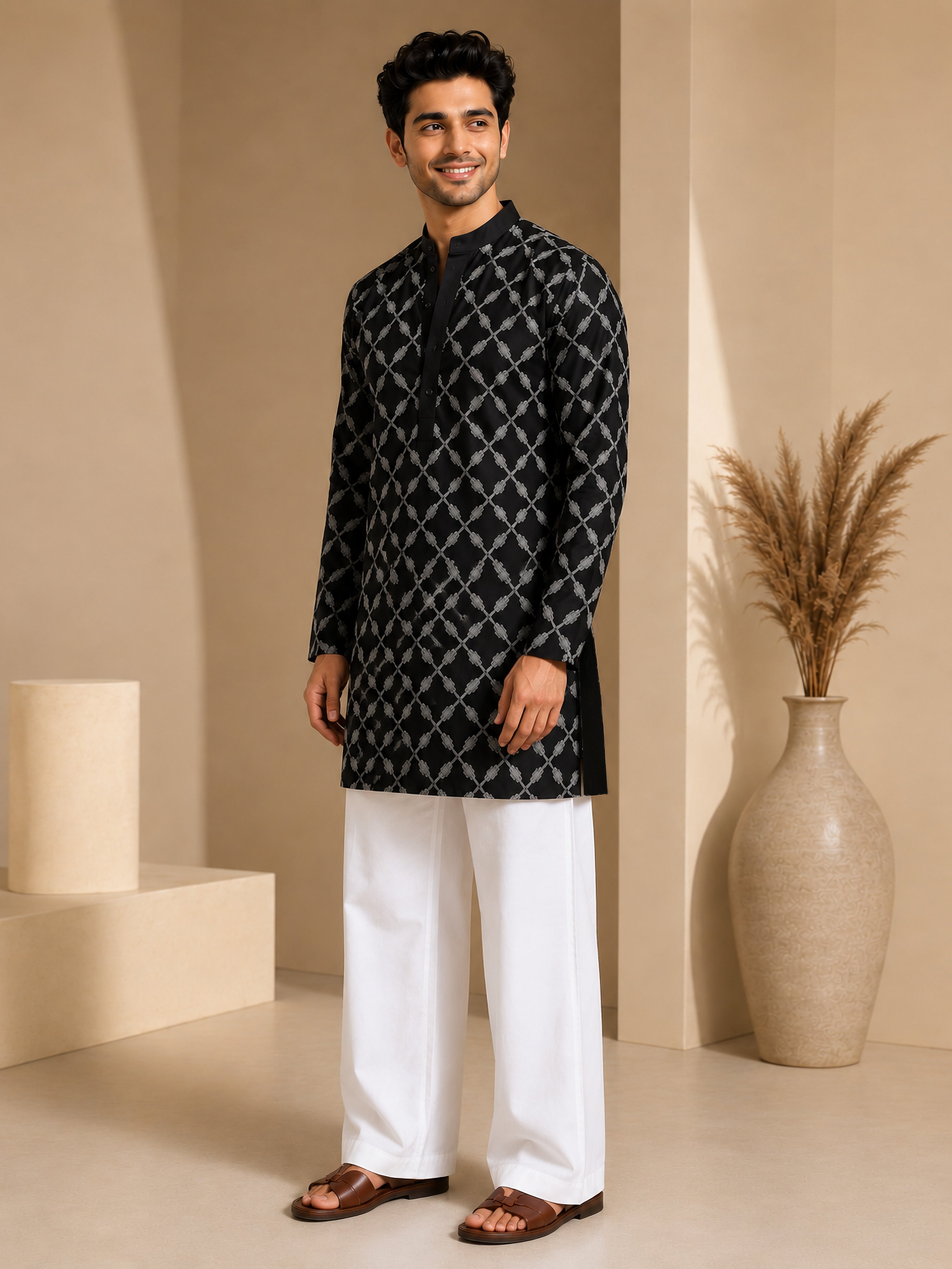 Vastramay Men Black Embroidered V-Neck Kurta with White Wide-Leg Pant Set