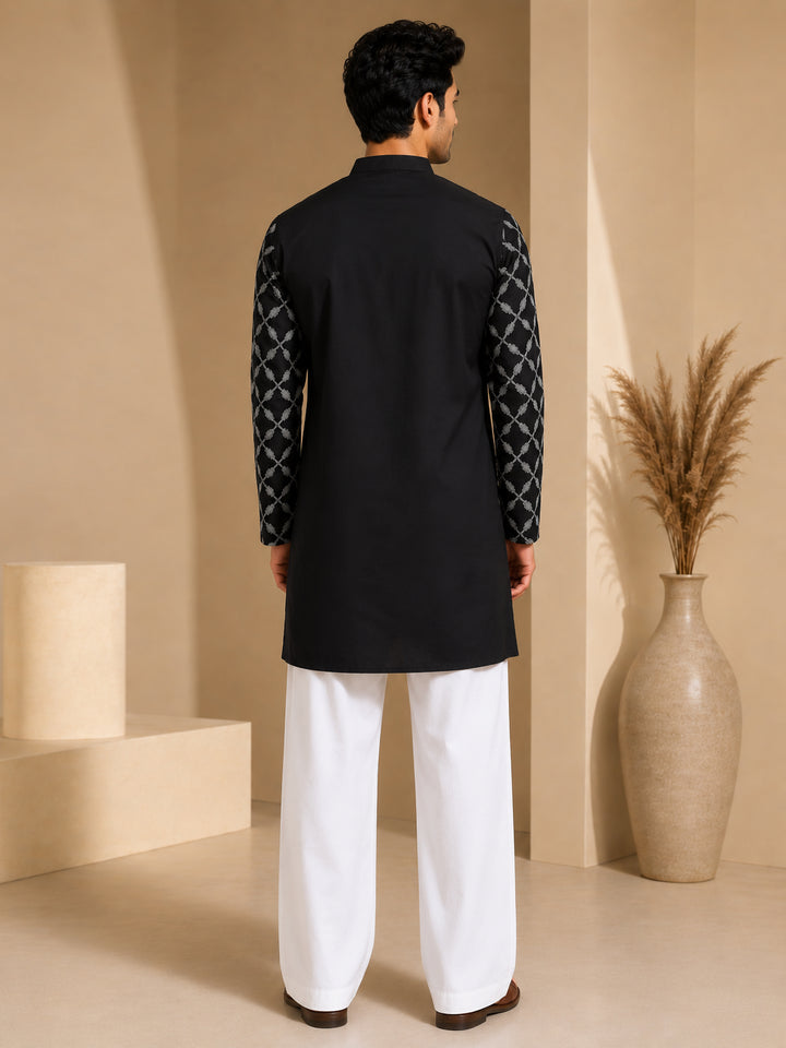Vastramay Men Black Embroidered V-Neck Kurta with White Wide-Leg Pant Set
