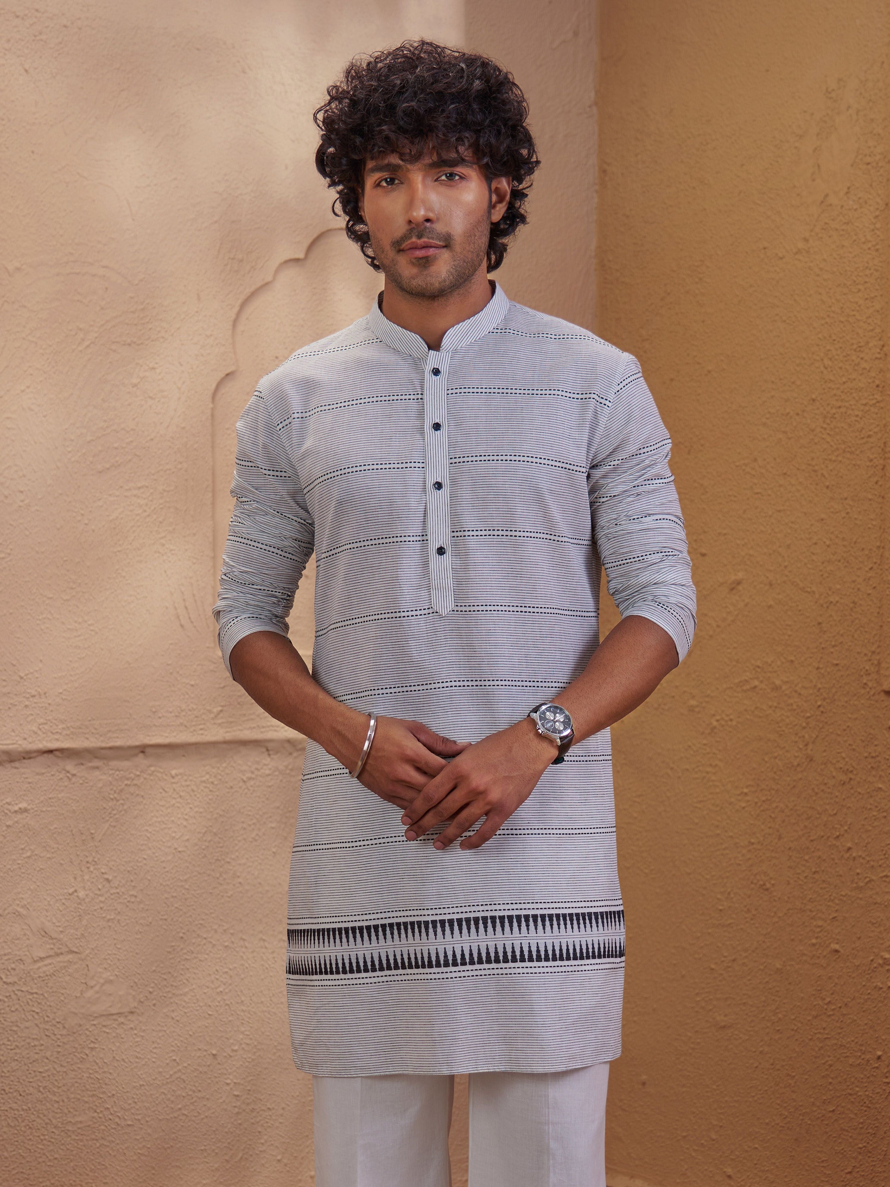 Men's White Cotton Embroidered Thigh Length Kurta