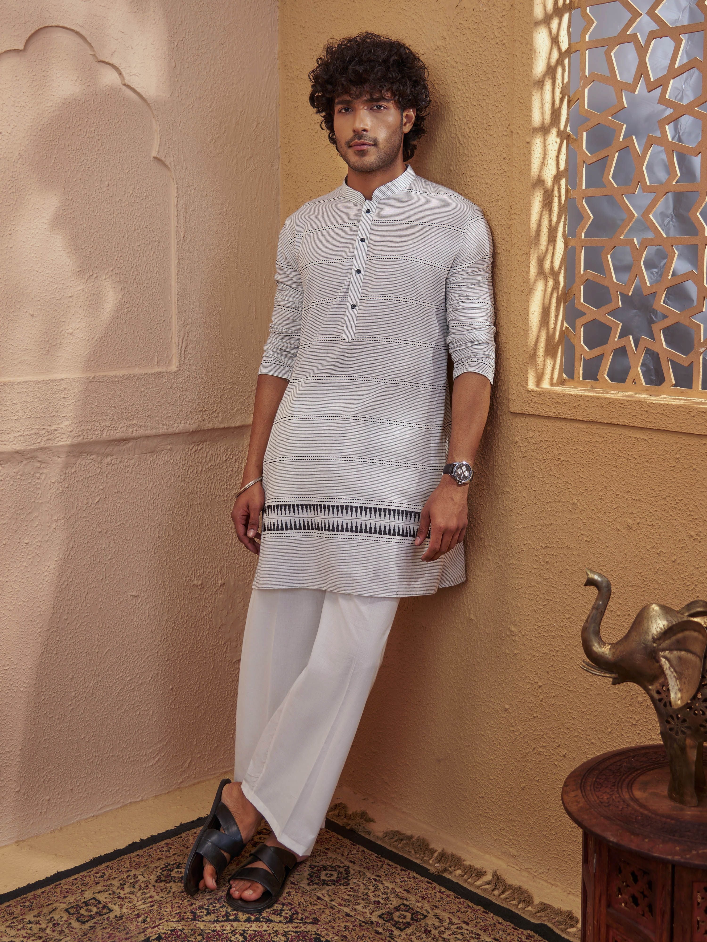 Men's White Cotton Embroidered Thigh Length Kurta