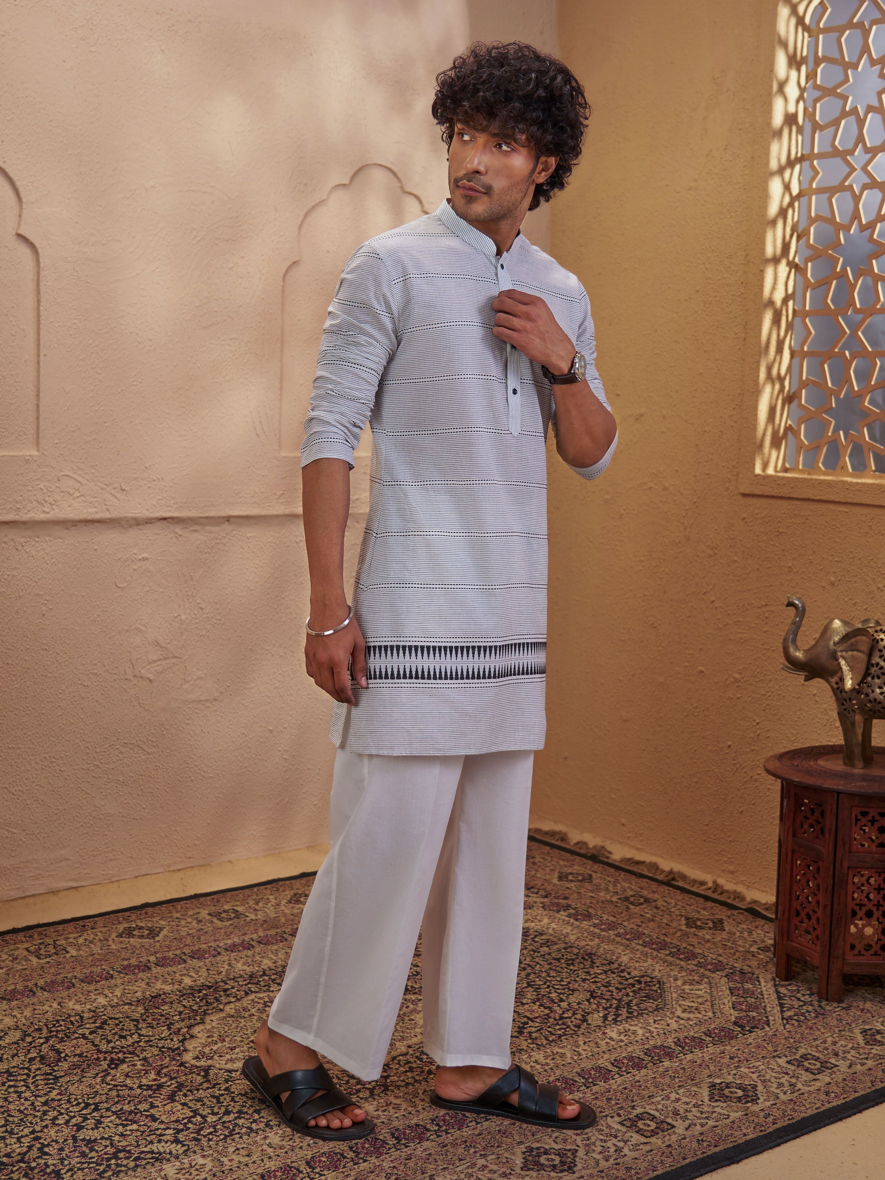 Men's White Cotton Embroidered Thigh Length Kurta With Wide Leg Pant