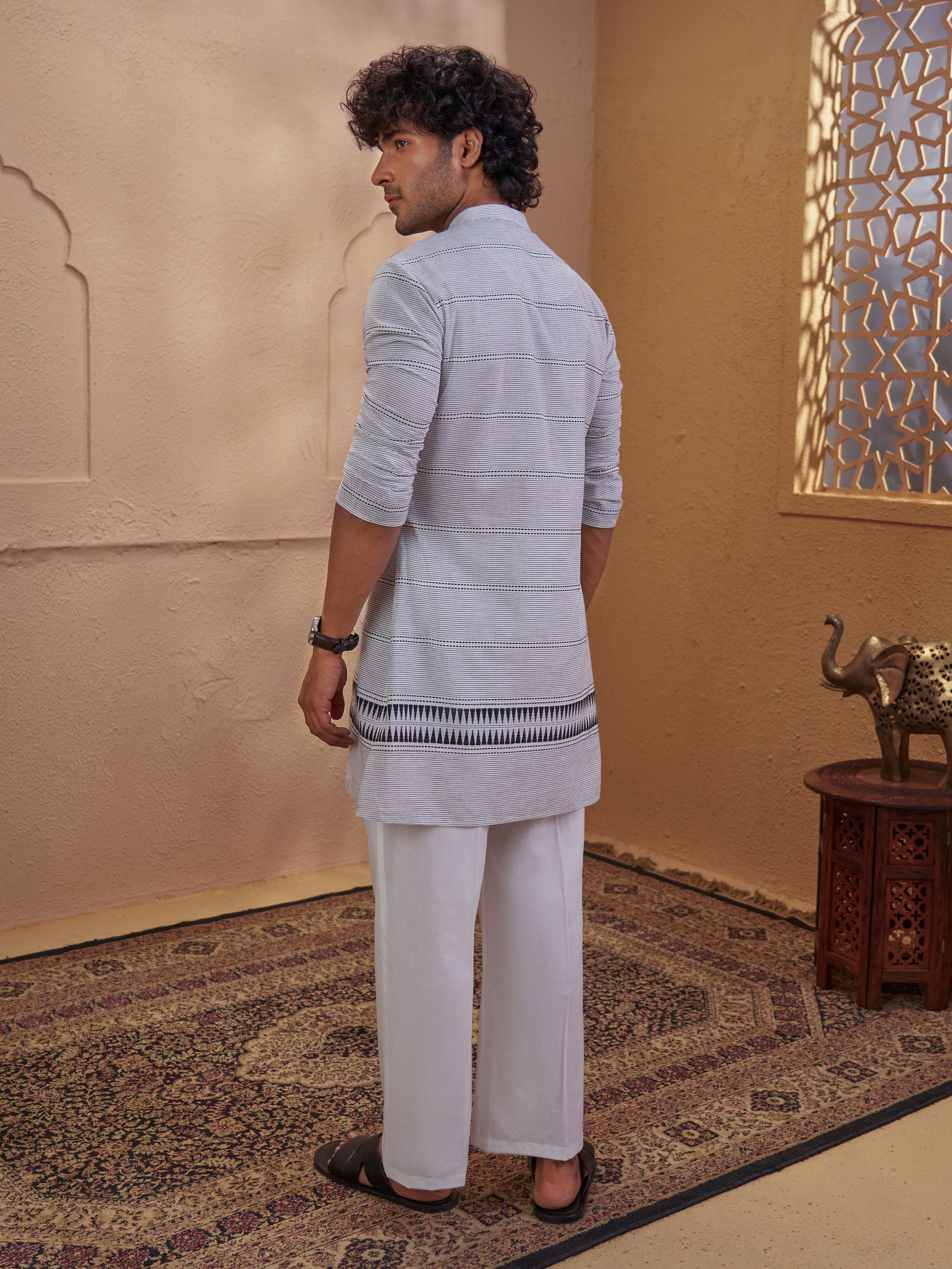 Men's White Cotton Embroidered Thigh Length Kurta With Wide Leg Pant