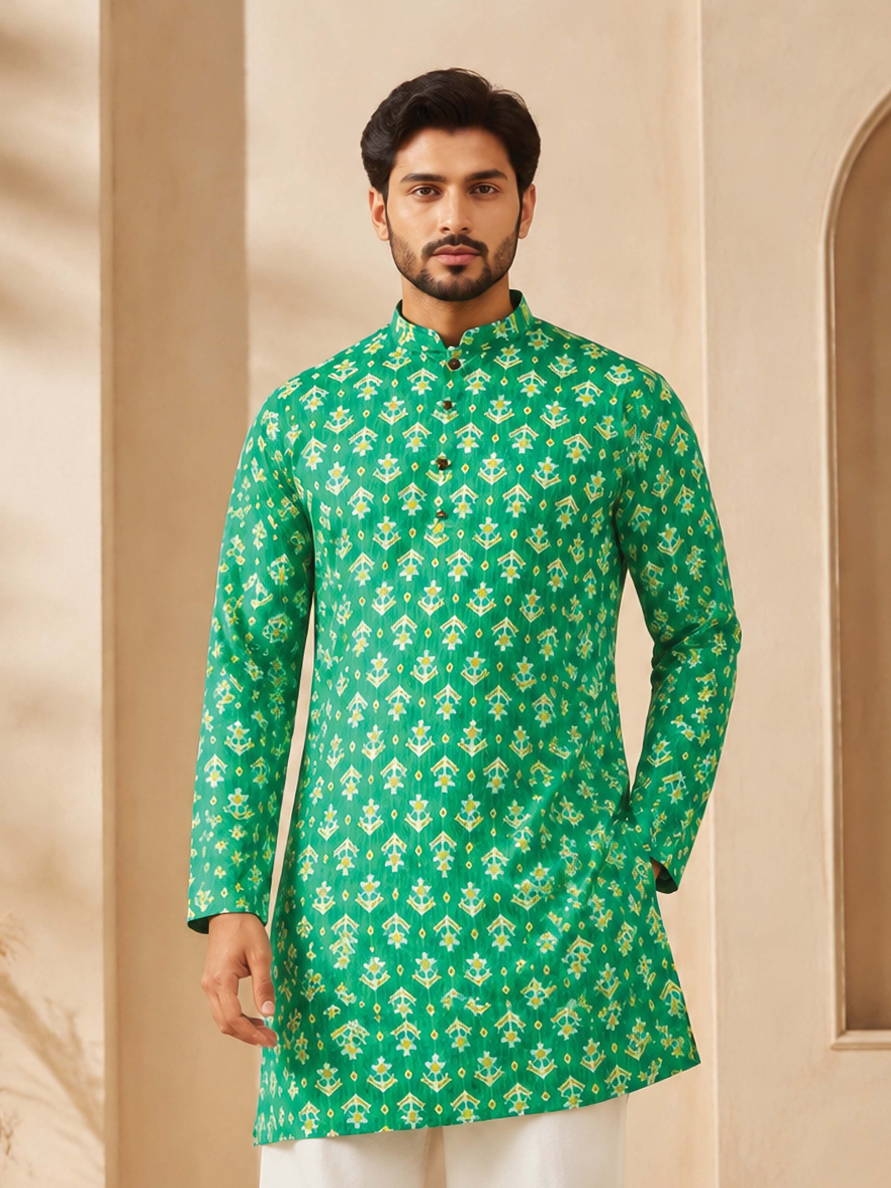 Men Green Cotton Kurta Rakhi Ethnic Wear