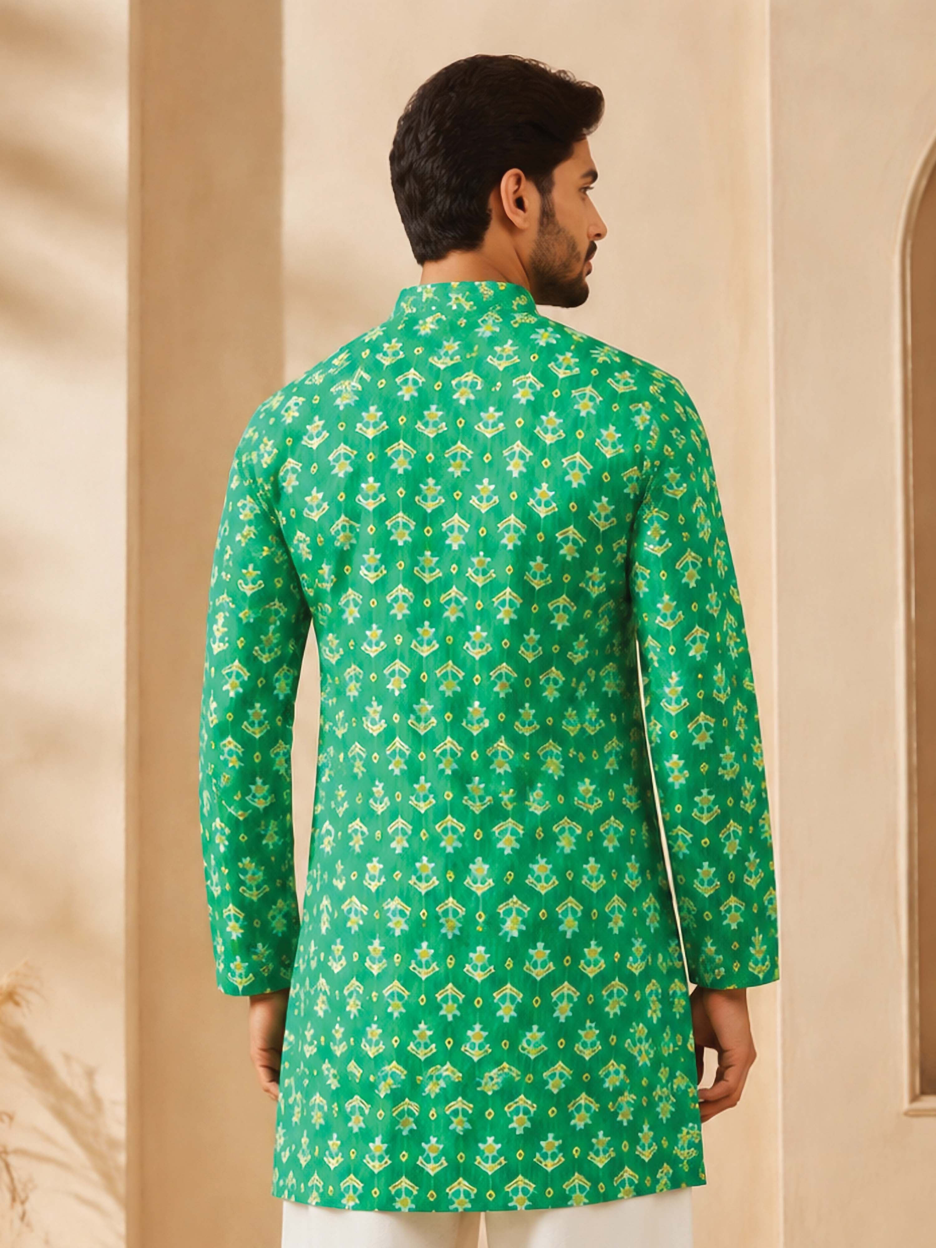 Men's Green Cotton Embroidered Above Knee Kurta