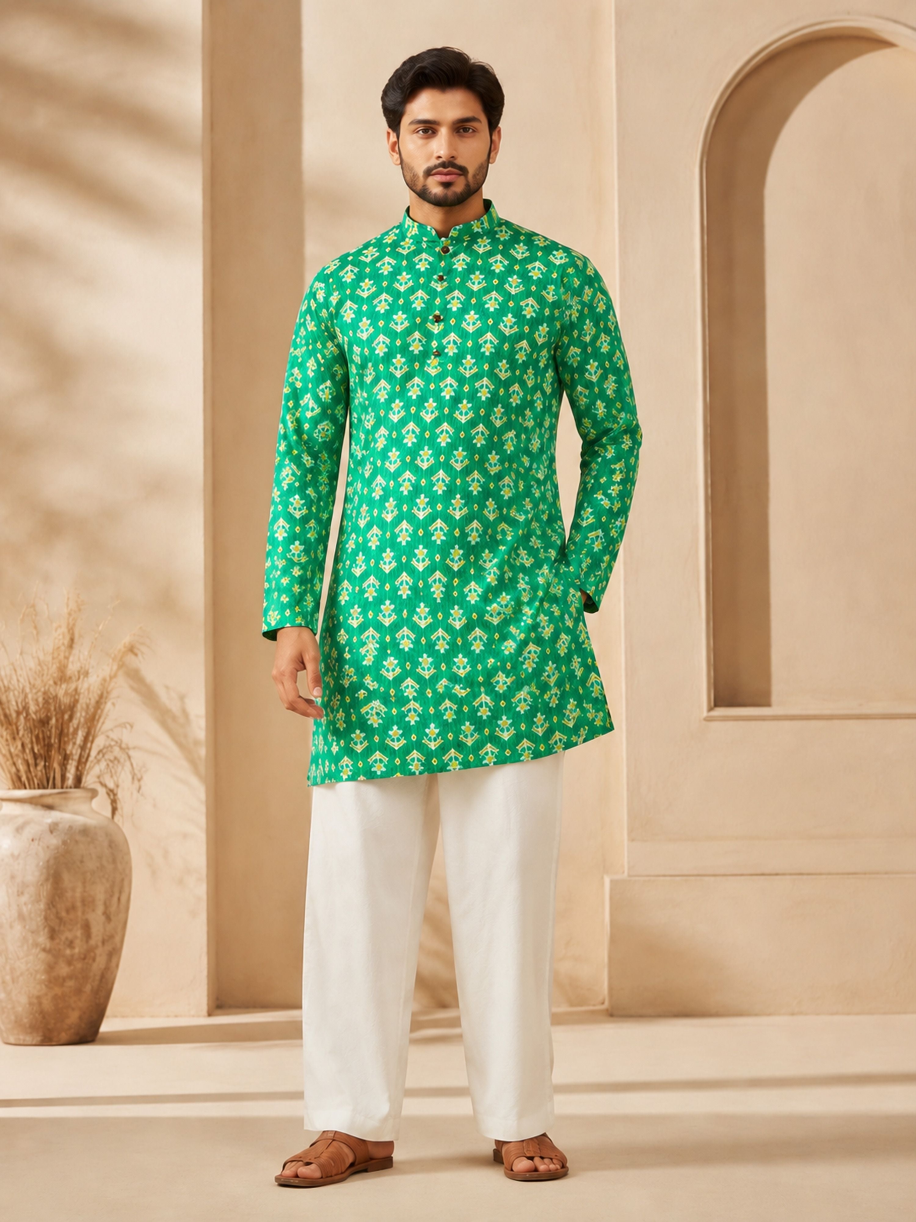 Men's Green Cotton Embroidered Thigh Length Kurta with Wide Leg Pant