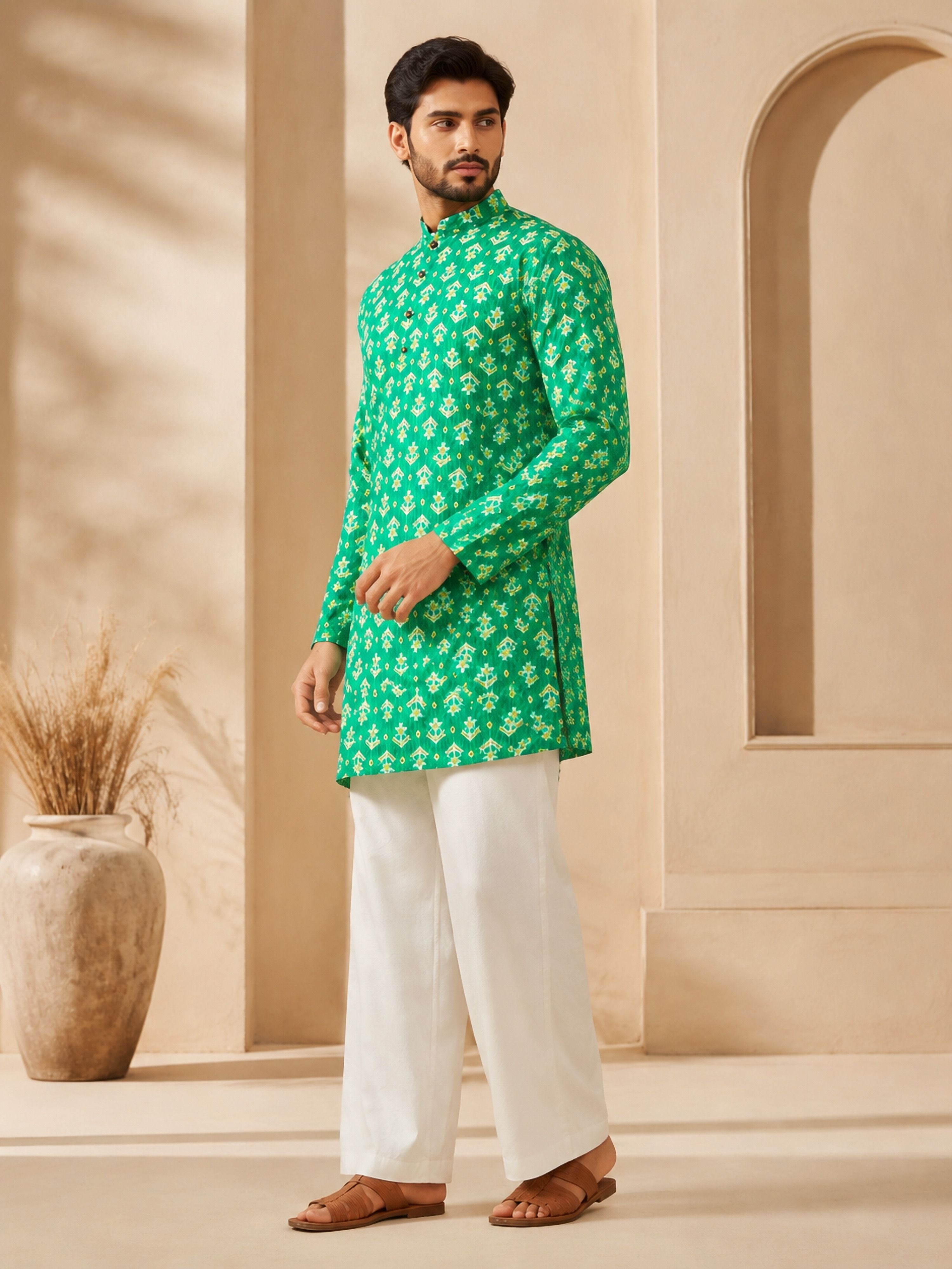 Men's Green Cotton Embroidered Thigh Length Kurta with Wide Leg Pant