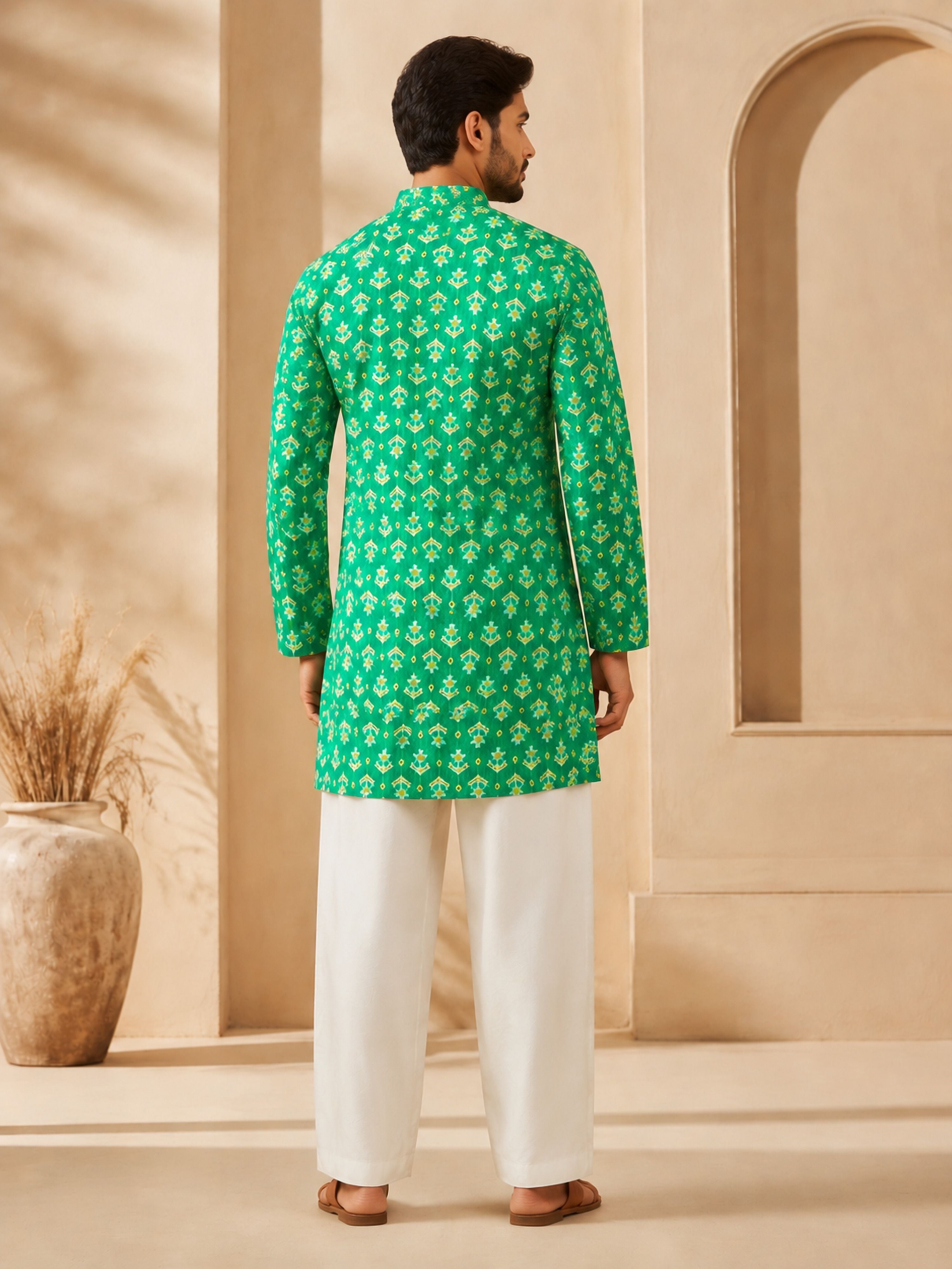 Men's Green Cotton Embroidered Thigh Length Kurta with Wide Leg Pant