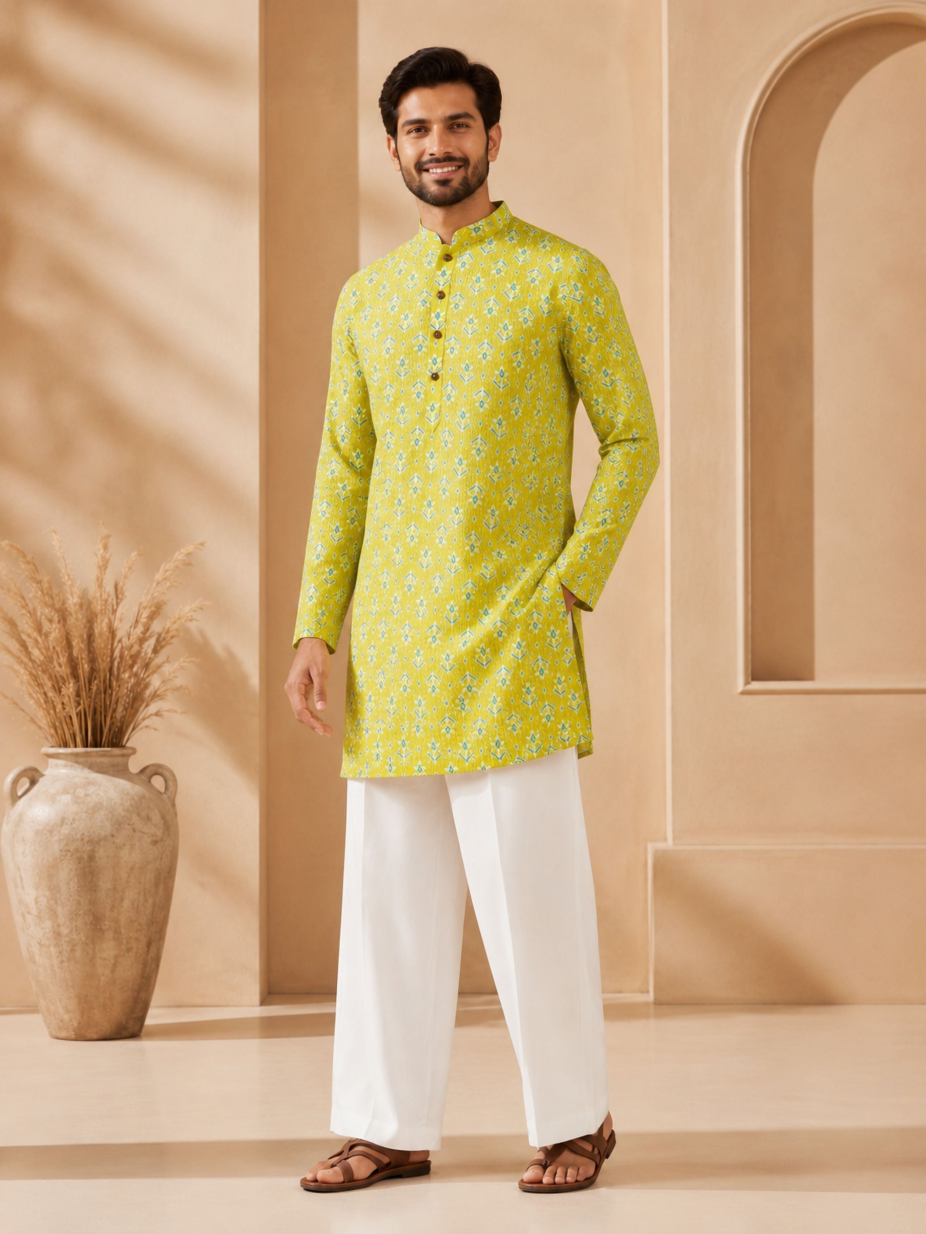 Men's Olive Cotton Embroidered Above Knee Kurta