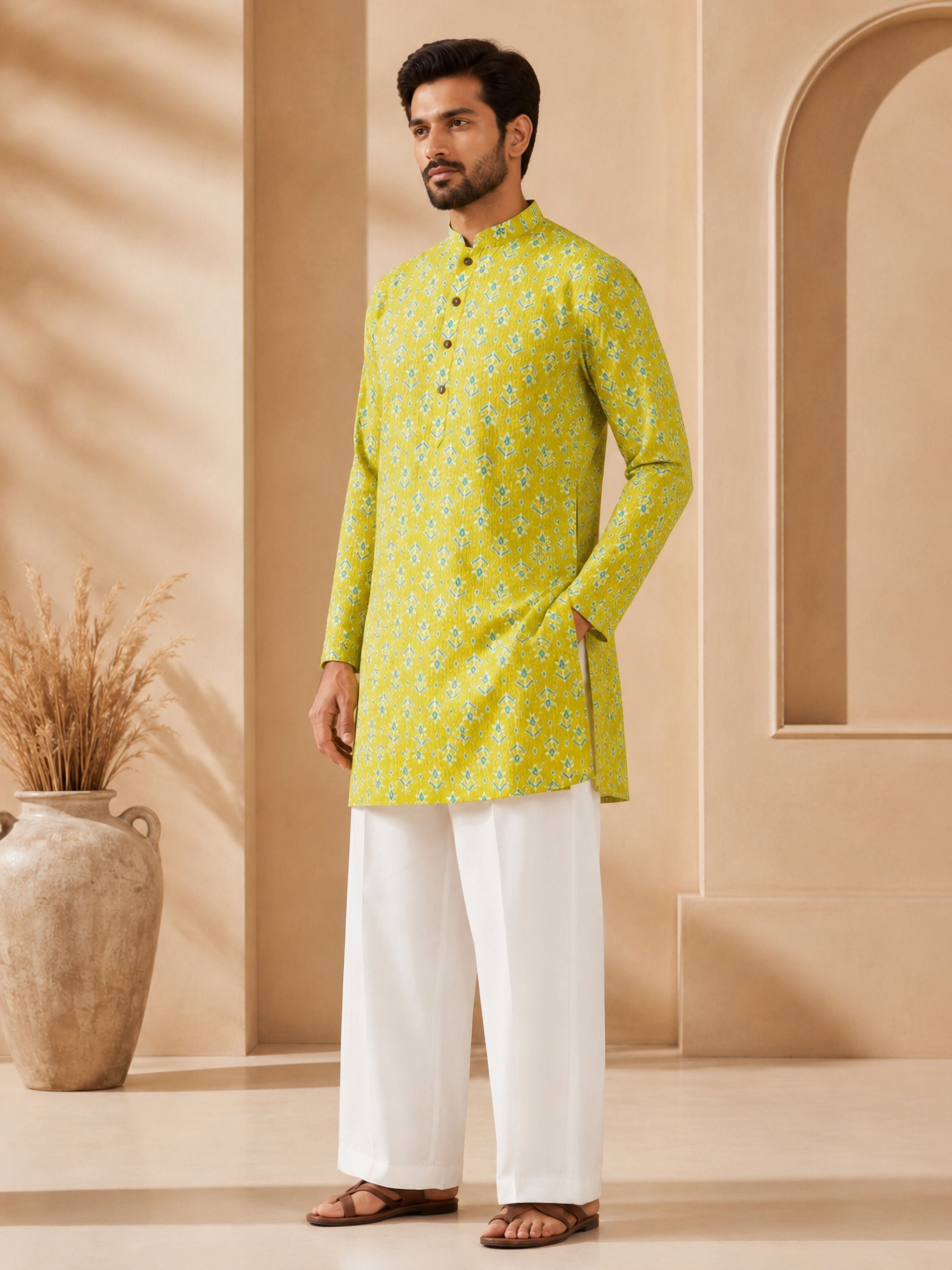 Men's Green Cotton Embroidered Thigh Length Kurta with Wide Leg Pant