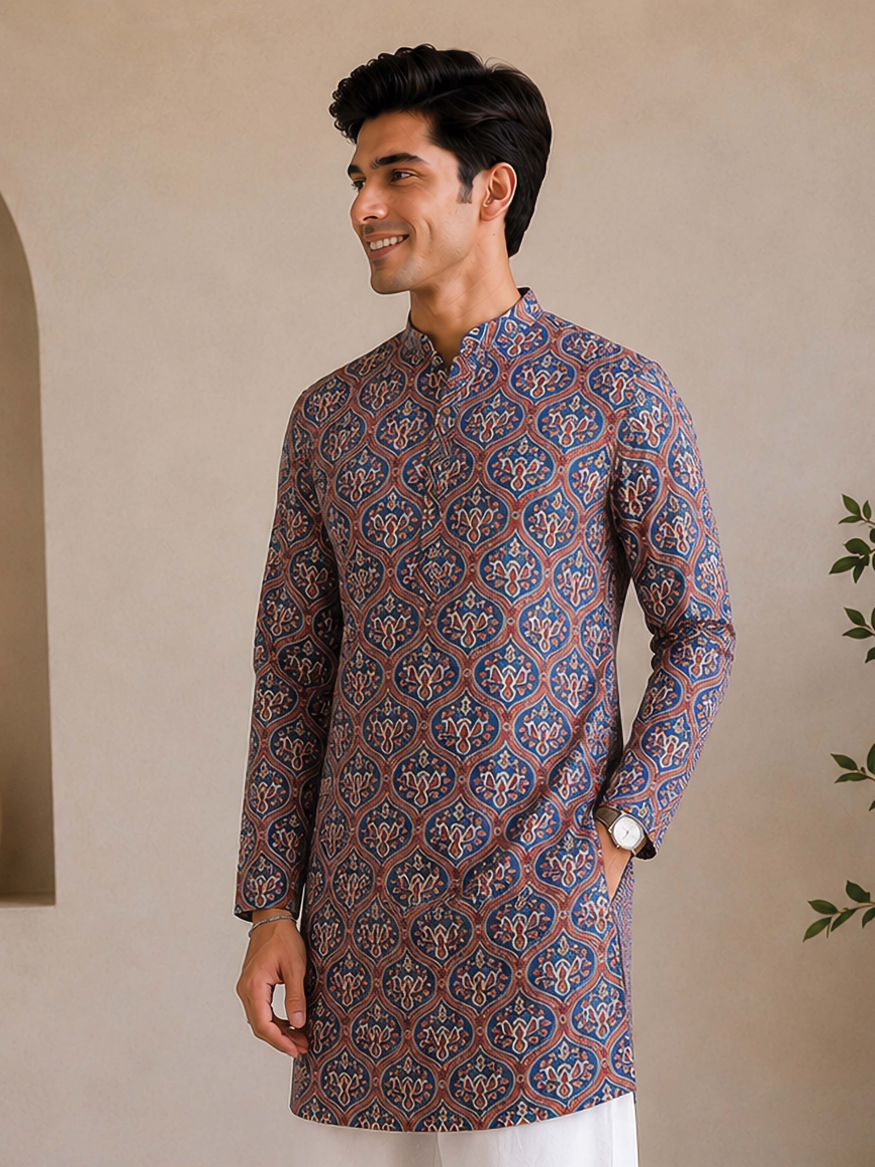 Men's Red Cotton Embroidered Regular Kurta